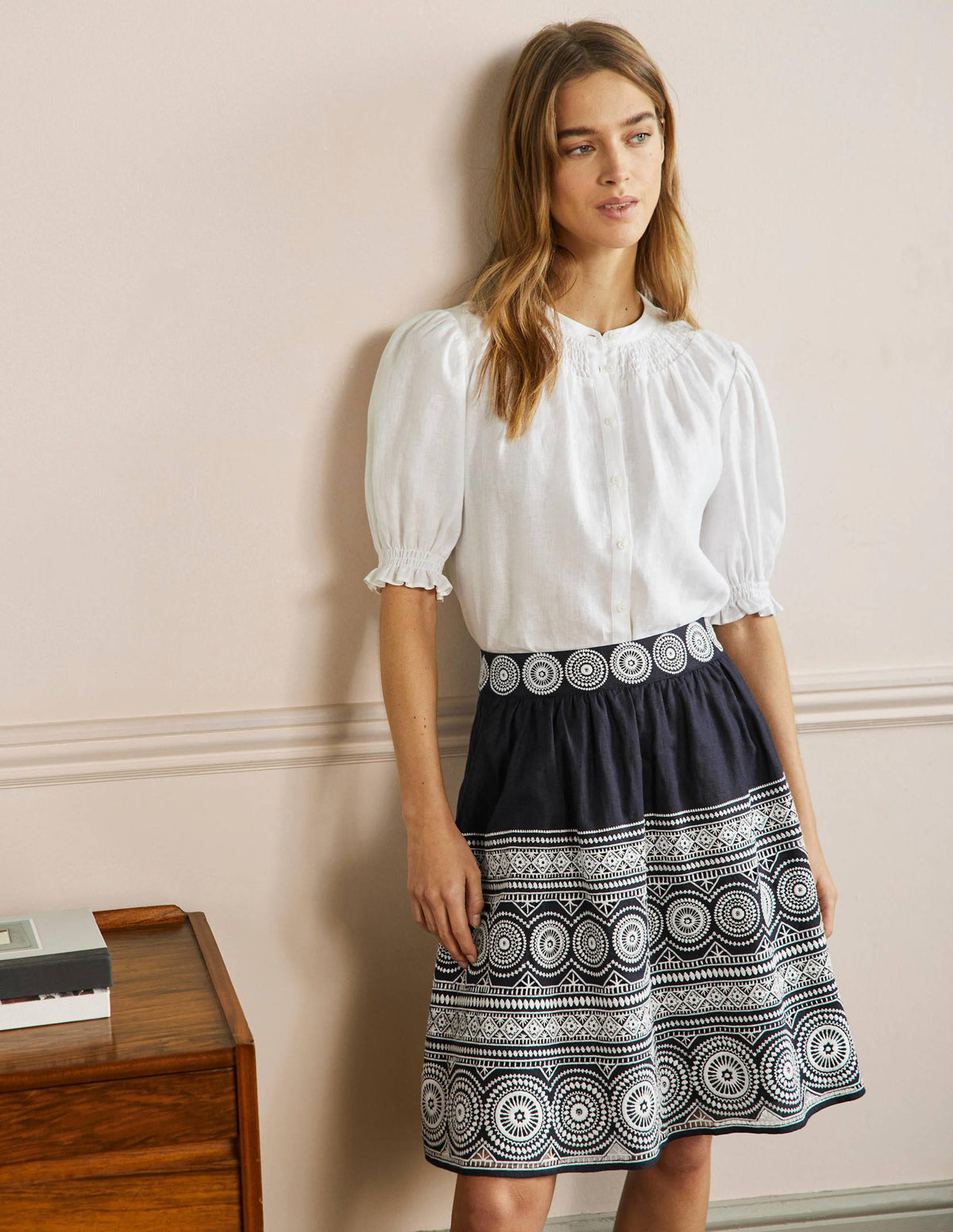 Tamsin Embroidered Linen Skirt-Navy, Embroidery-1