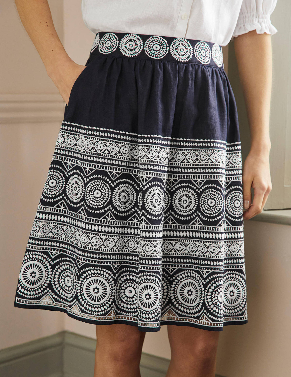 Tamsin Embroidered Linen Skirt-Navy, Embroidery-4
