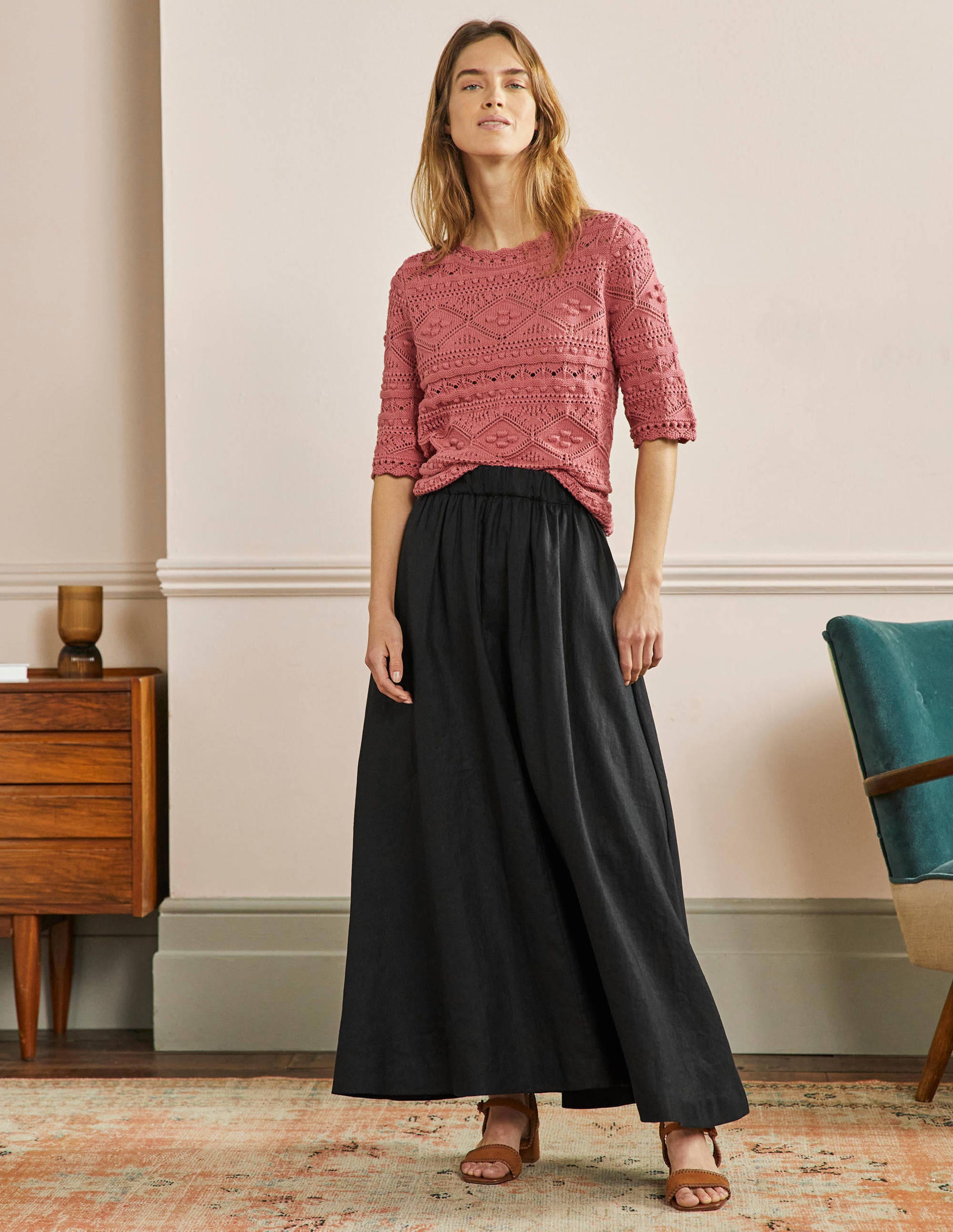 Pull-on Linen Maxi Skirt-Black - Image 1