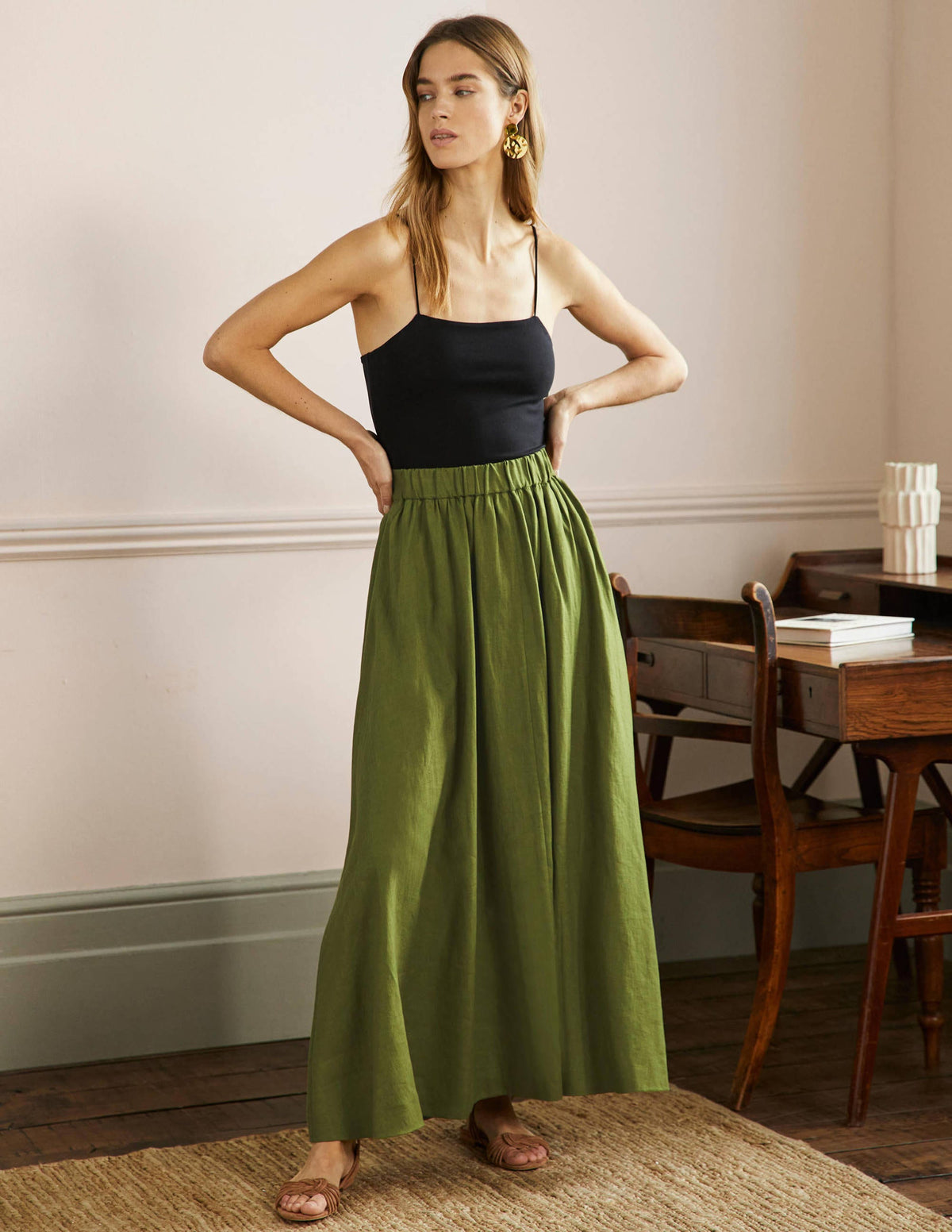 Pull-on Linen Maxi Skirt-Pea Green - Image 1