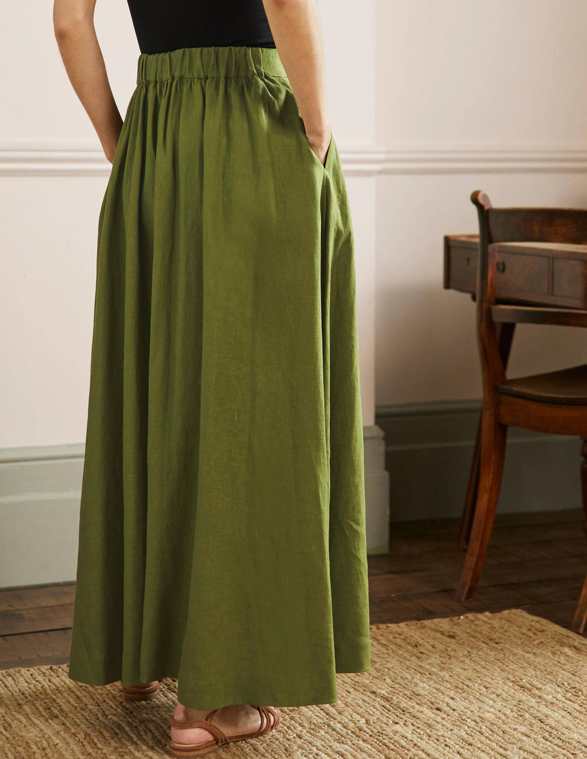 Pull-on Linen Maxi Skirt-Pea Green - Image 3