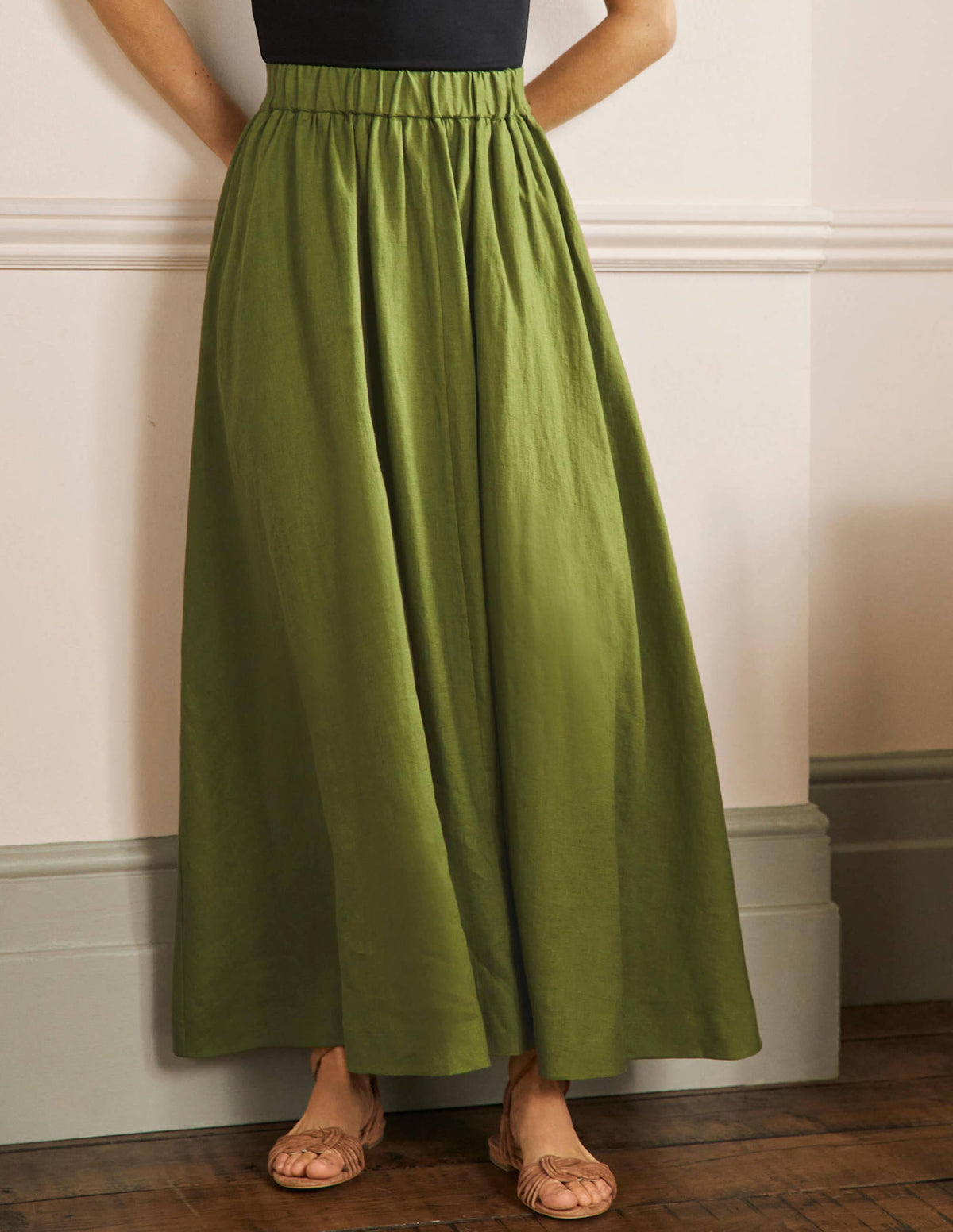 Pull-on Linen Maxi Skirt-Pea Green-4