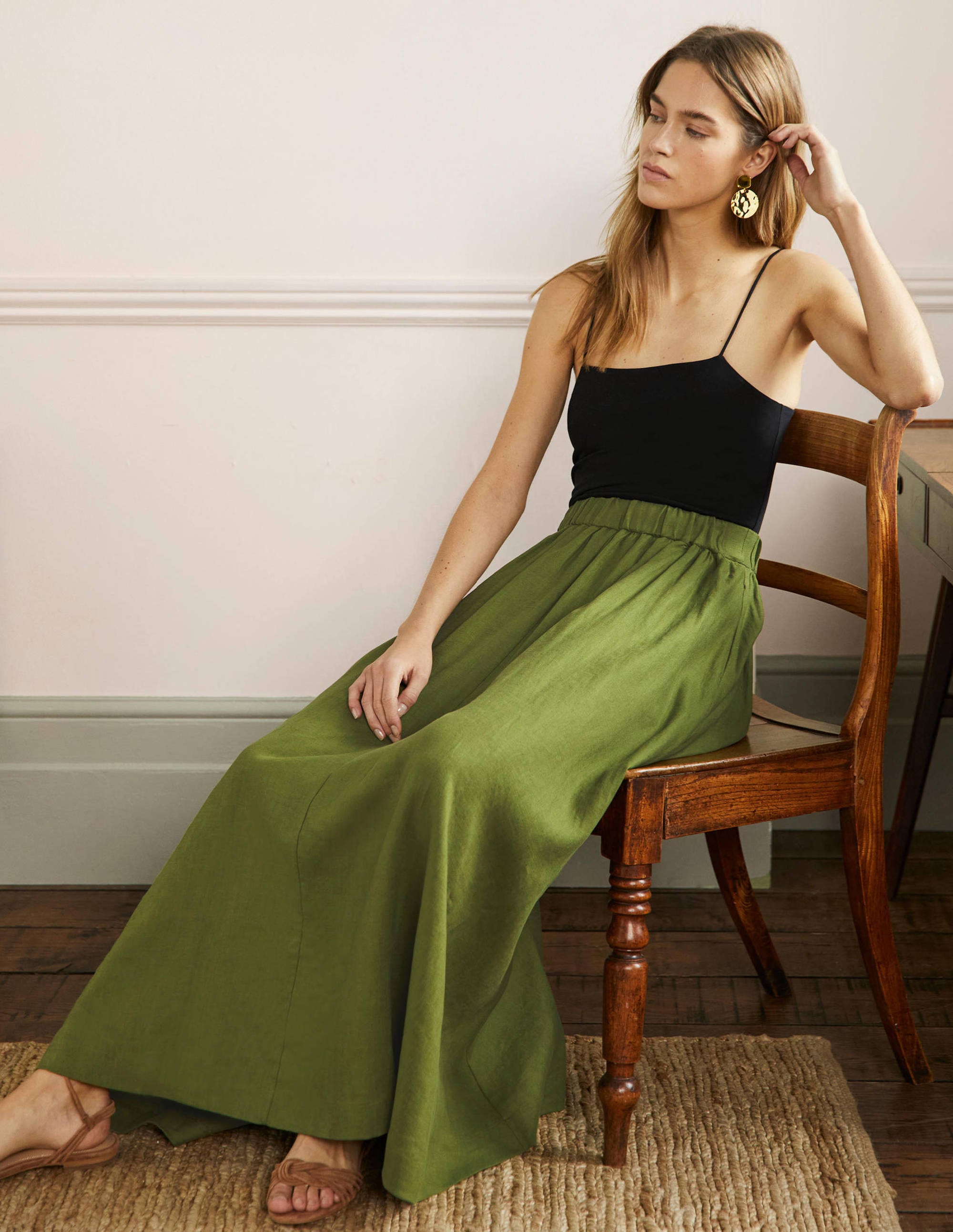 Pull-on Linen Maxi Skirt-Pea Green - Image 5