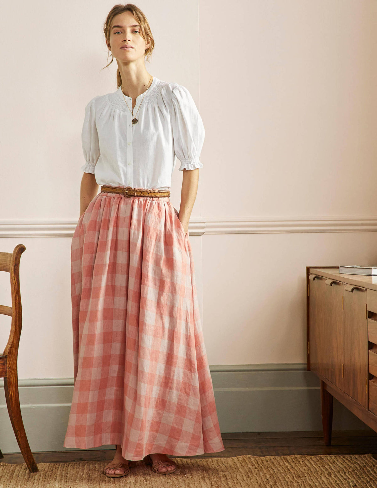 Pull-on Linen Maxi Skirt-Tonal Pink, Gingham - Image 1