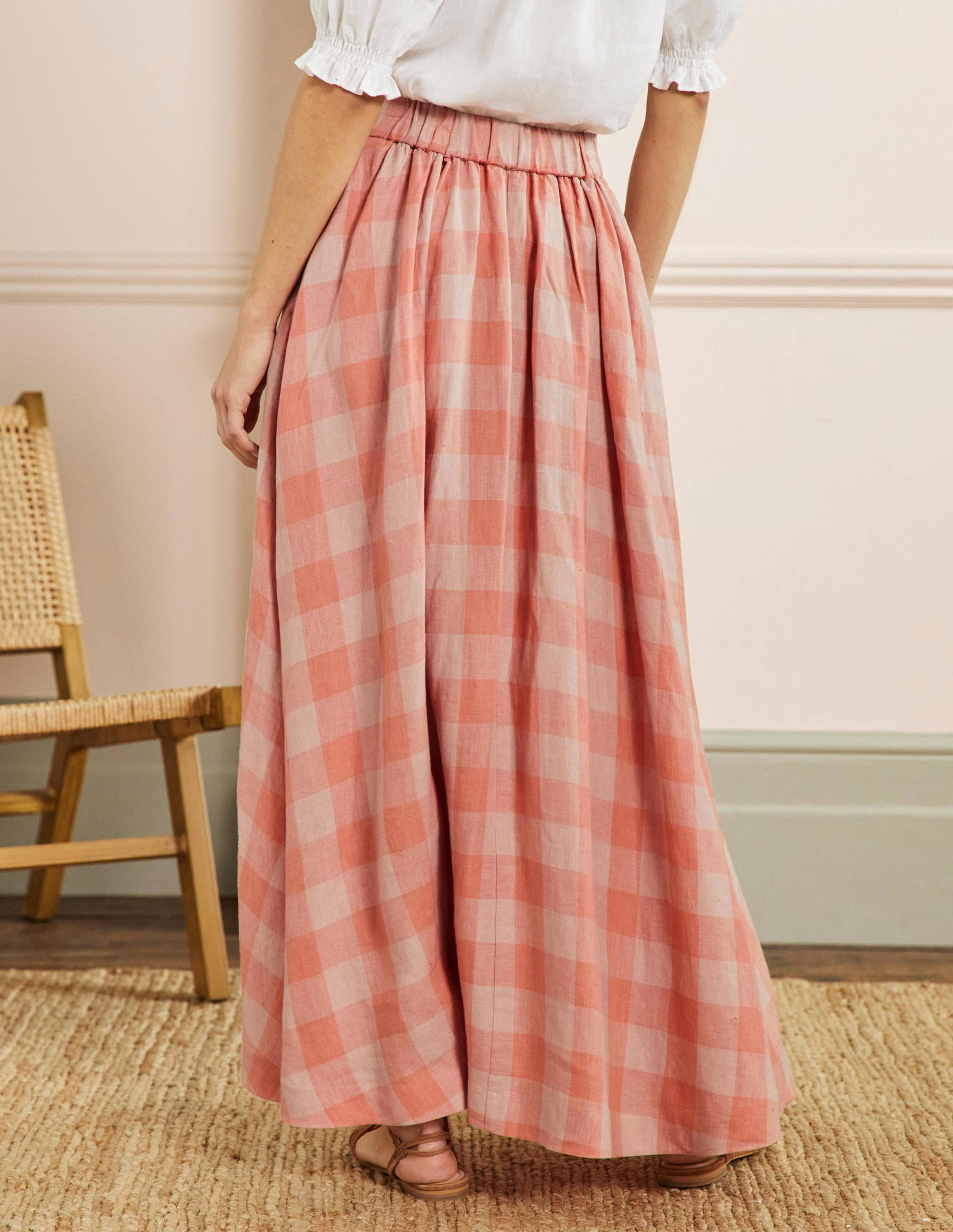 Pull-on Linen Maxi Skirt-Tonal Pink, Gingham - Image 3