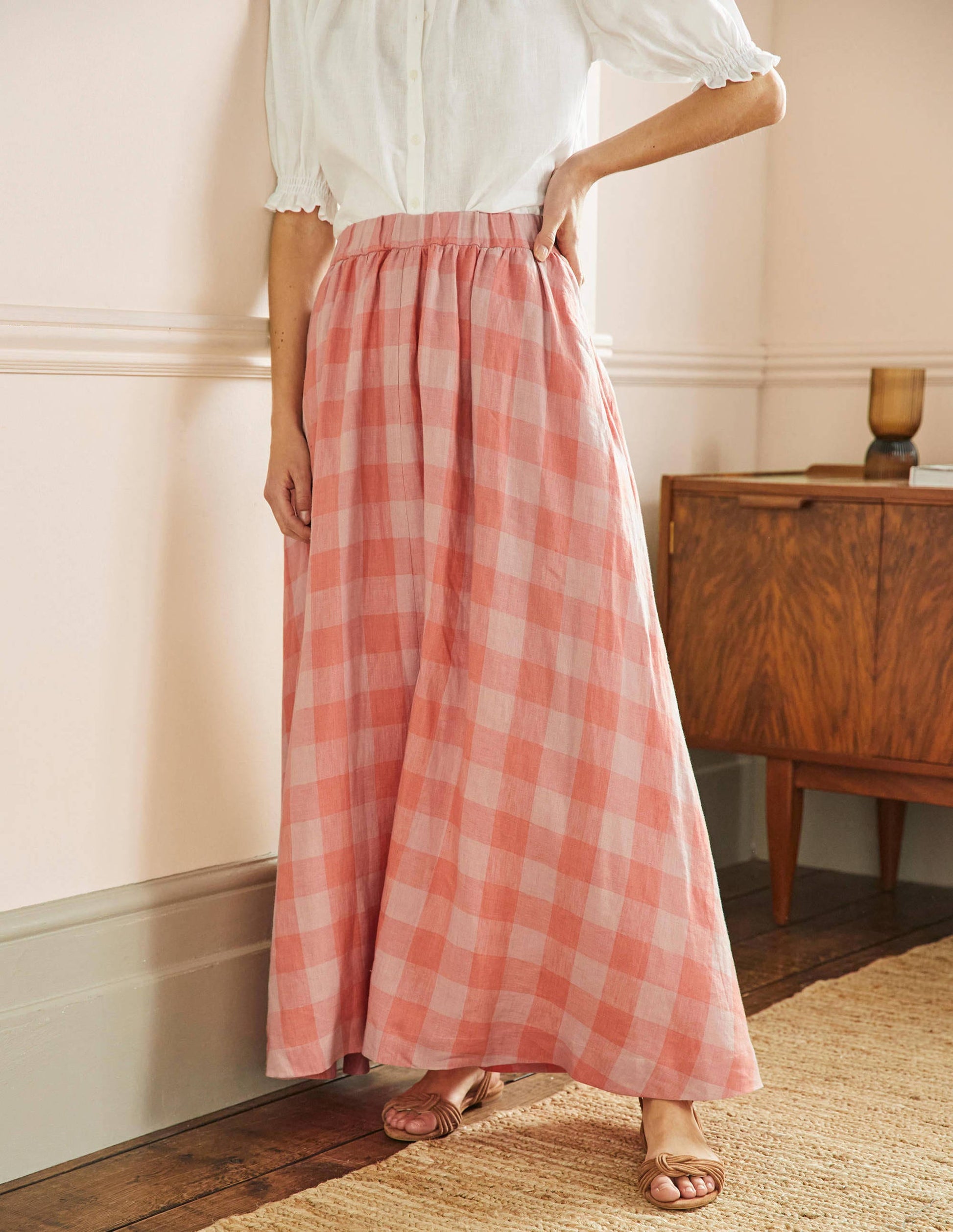 Pull-on Linen Maxi Skirt-Tonal Pink, Gingham-4