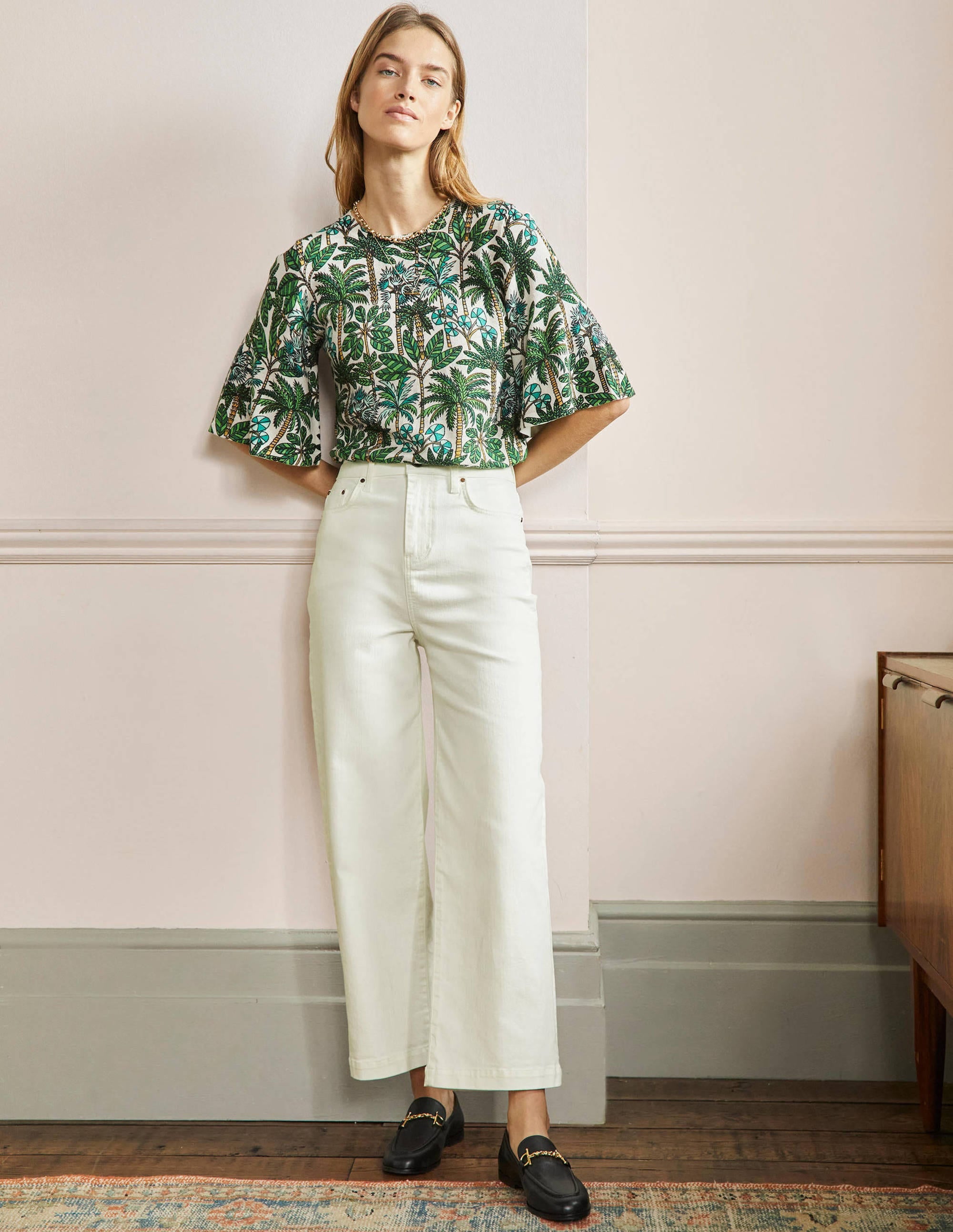Cropped Wide Leg Jeans-Ecru - Image 1