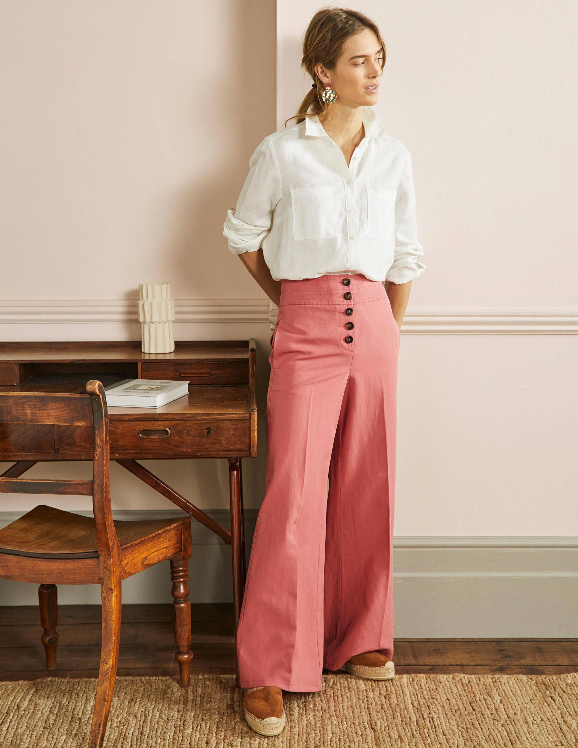 High Waist Wide Leg Trousers-Dusty Red - Image 1