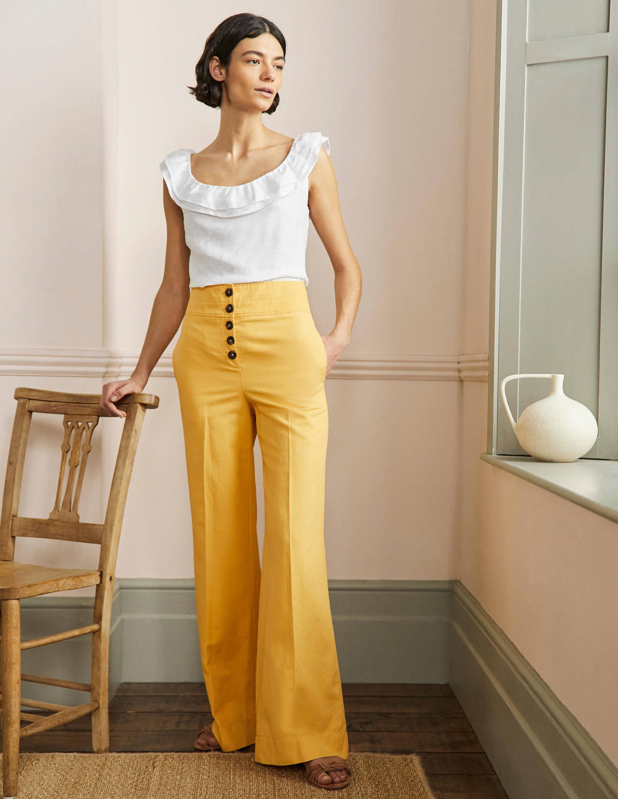High Waist Wide Leg Trousers-Yolk Yellow - Image 1