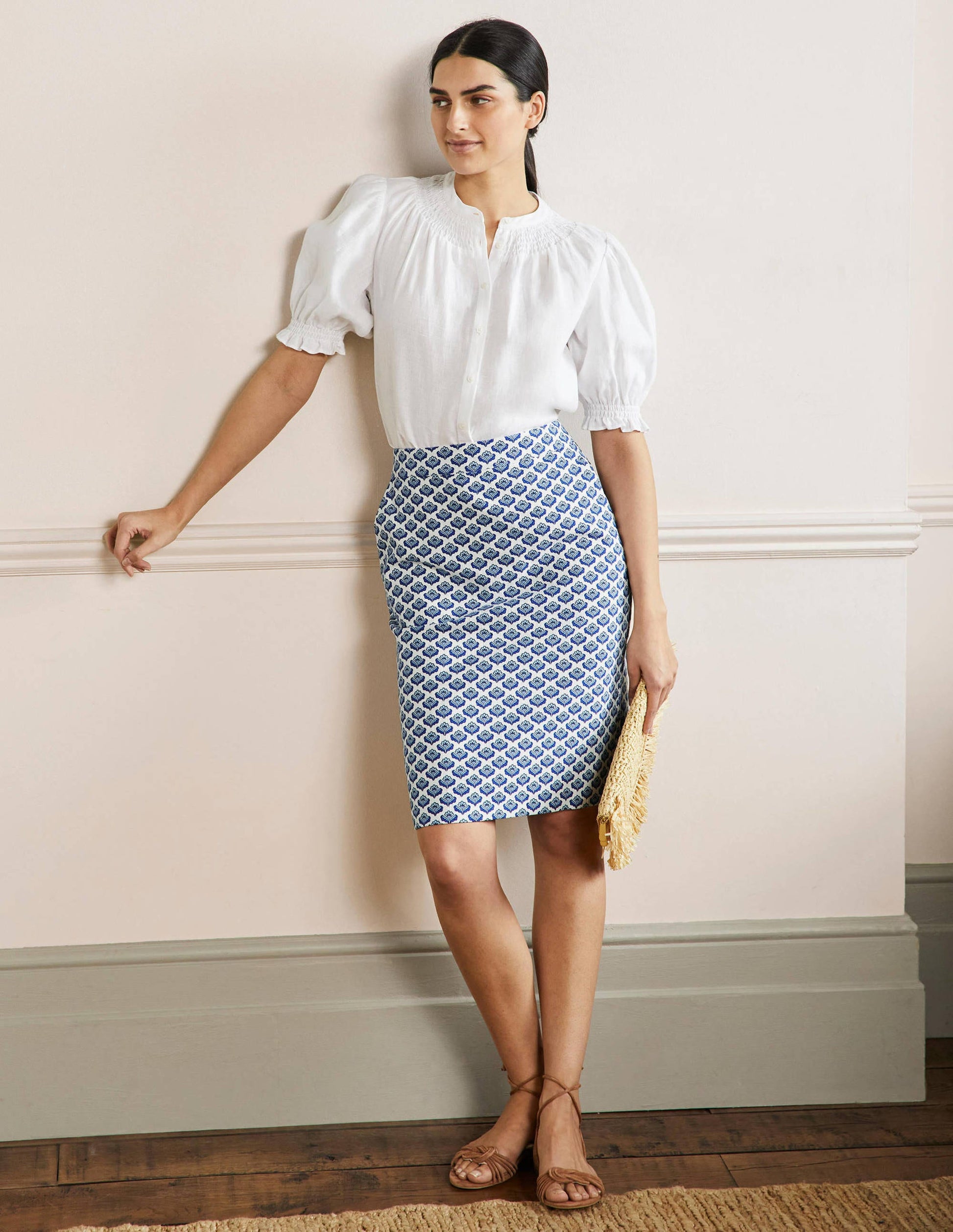 Textured Pencil Skirt-Ivory, Blue Oriental Bud-1