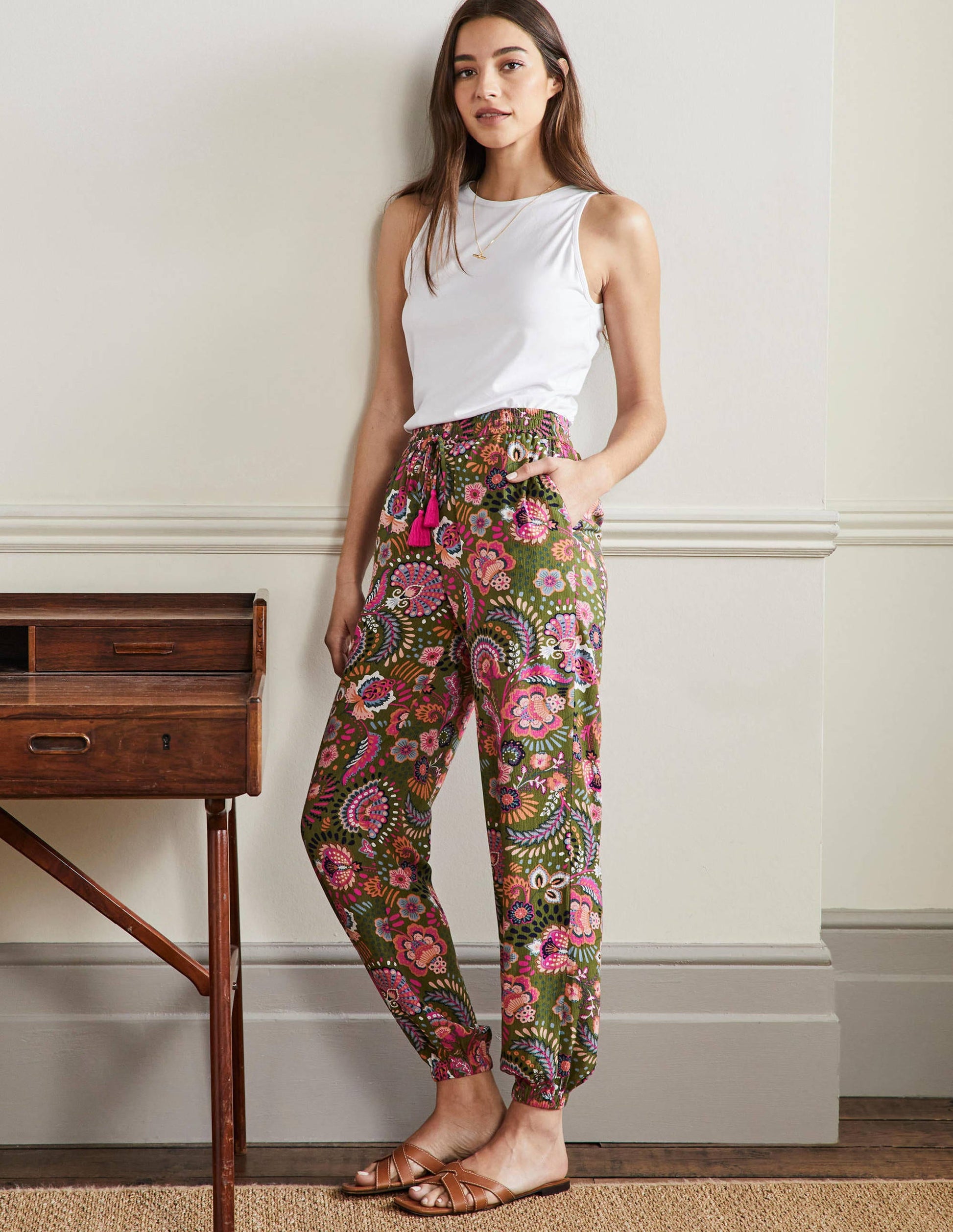 Crinkle Tapered Trousers-Pea, Decorative Meadow-1
