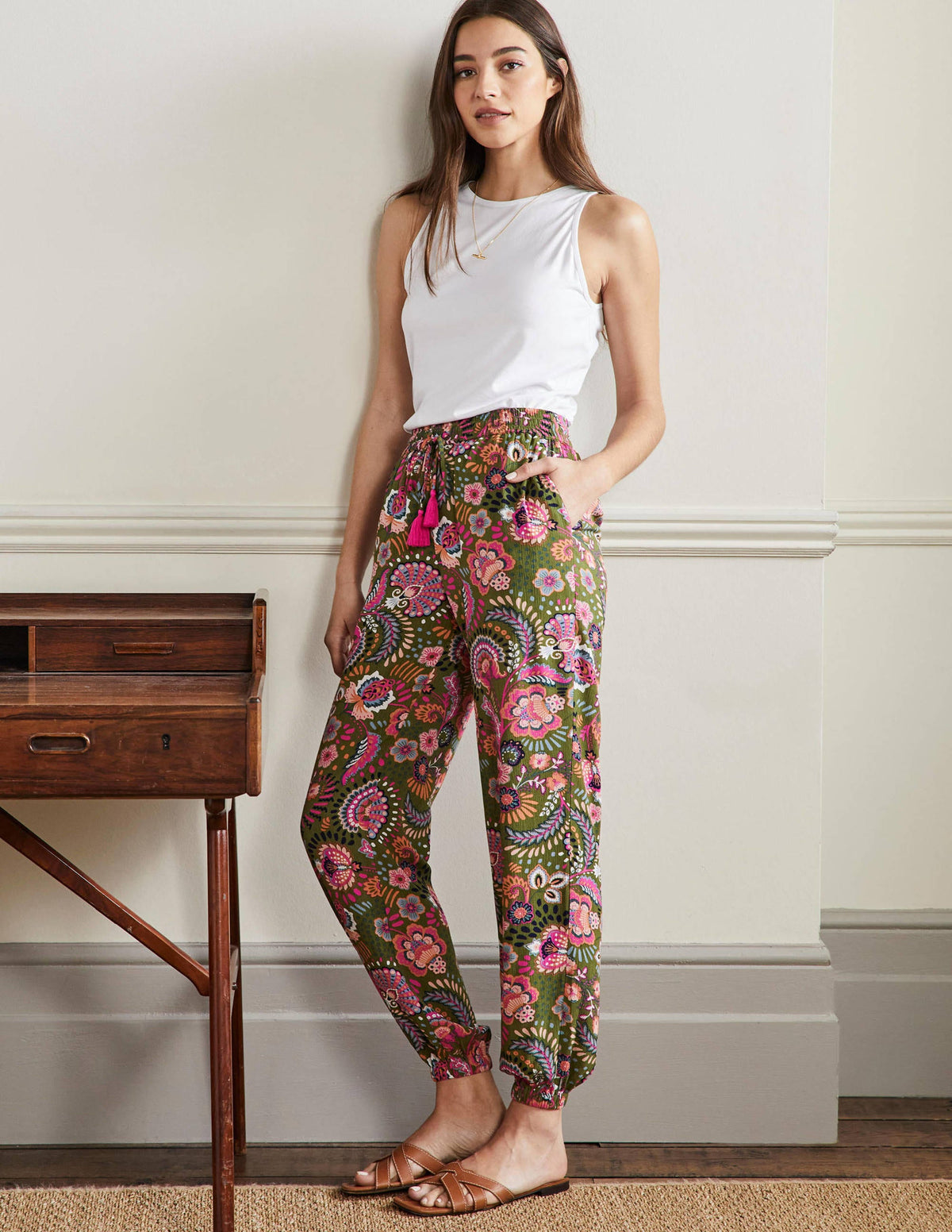 Crinkle Tapered Trousers-Pea, Decorative Meadow - Image 1