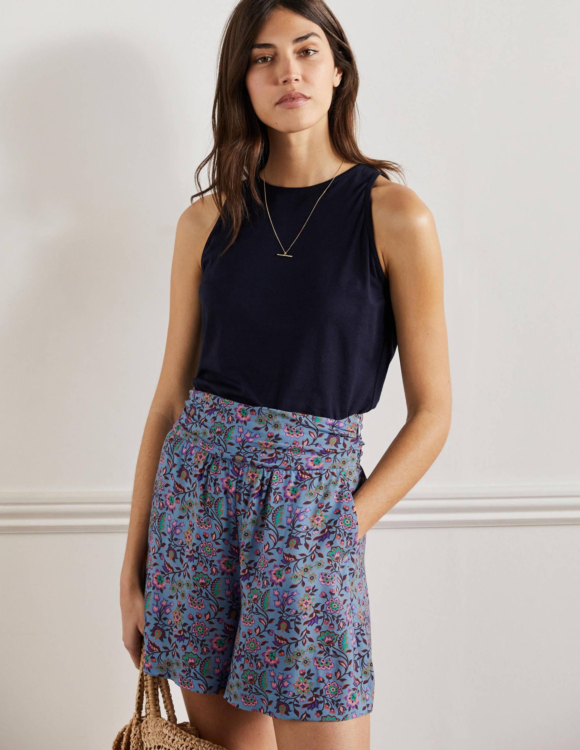 Ruched Waistband Shorts-Dusty Blue, Oriental Meadow-1