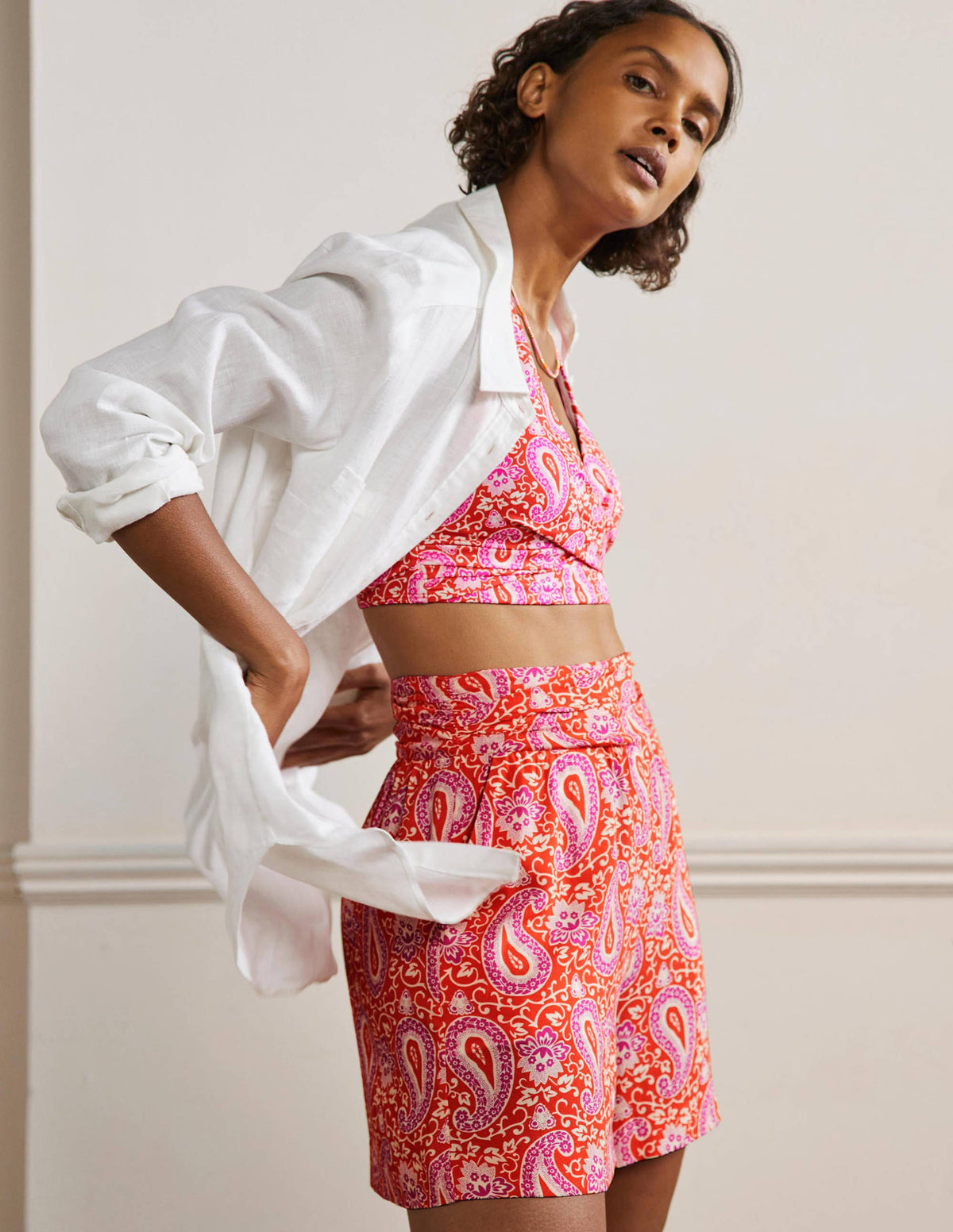 Ruched Waistband Shorts-Papaya, Enchanting Paisley-1