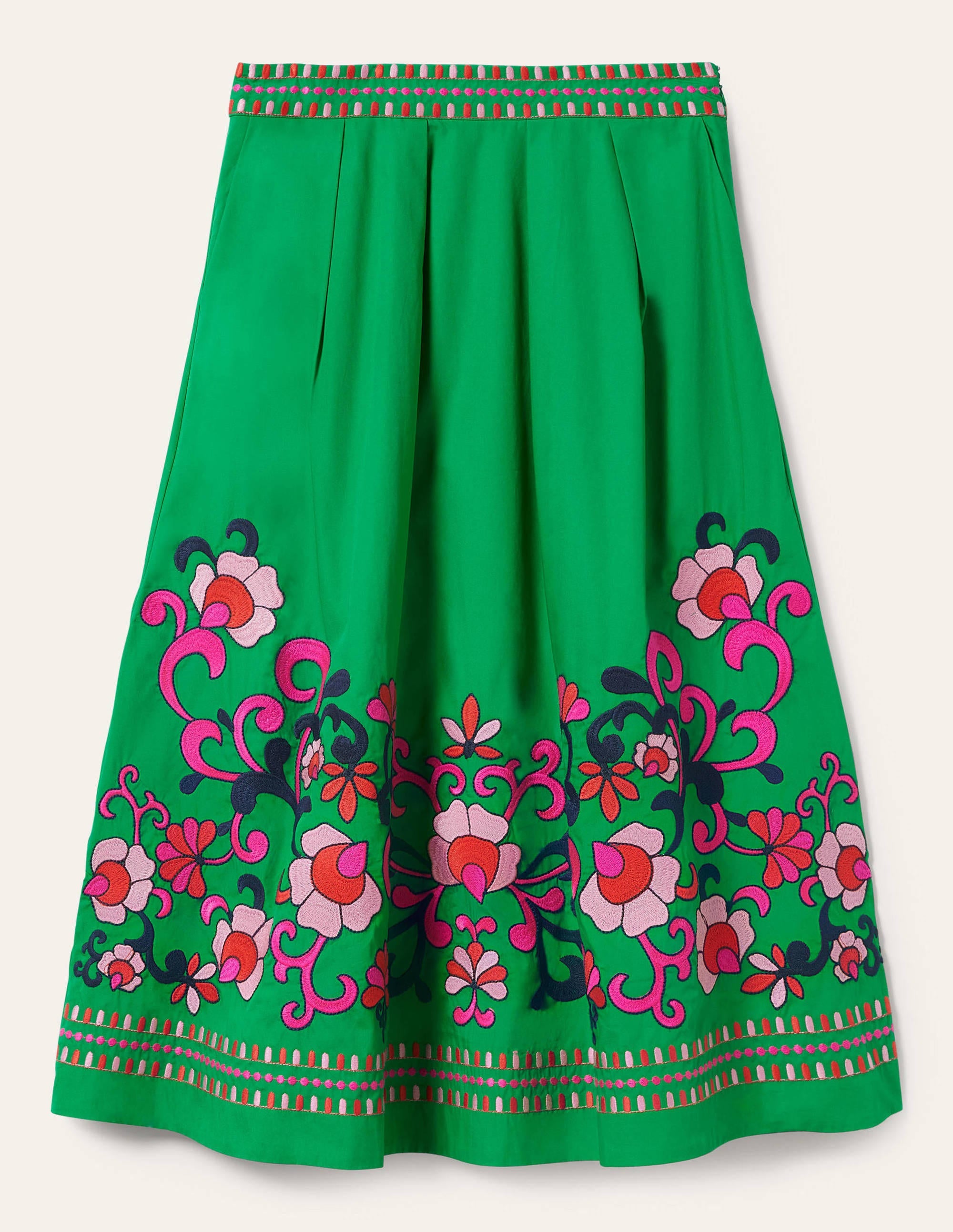 Embroidered Full Cotton Skirt-Rich Emerald, Multi Embroidery - Image 6