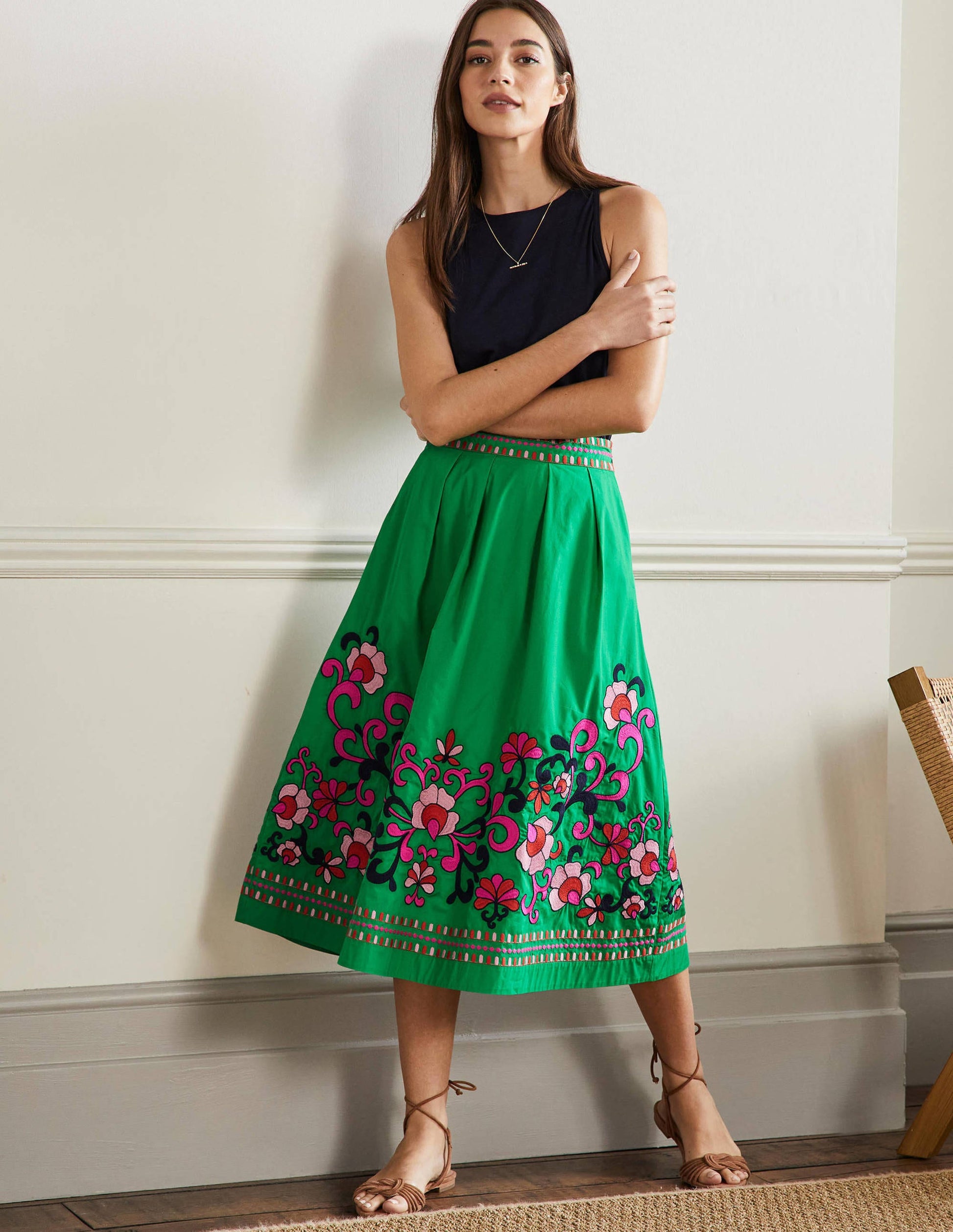 Embroidered Full Cotton Skirt-Rich Emerald, Multi Embroidery-1