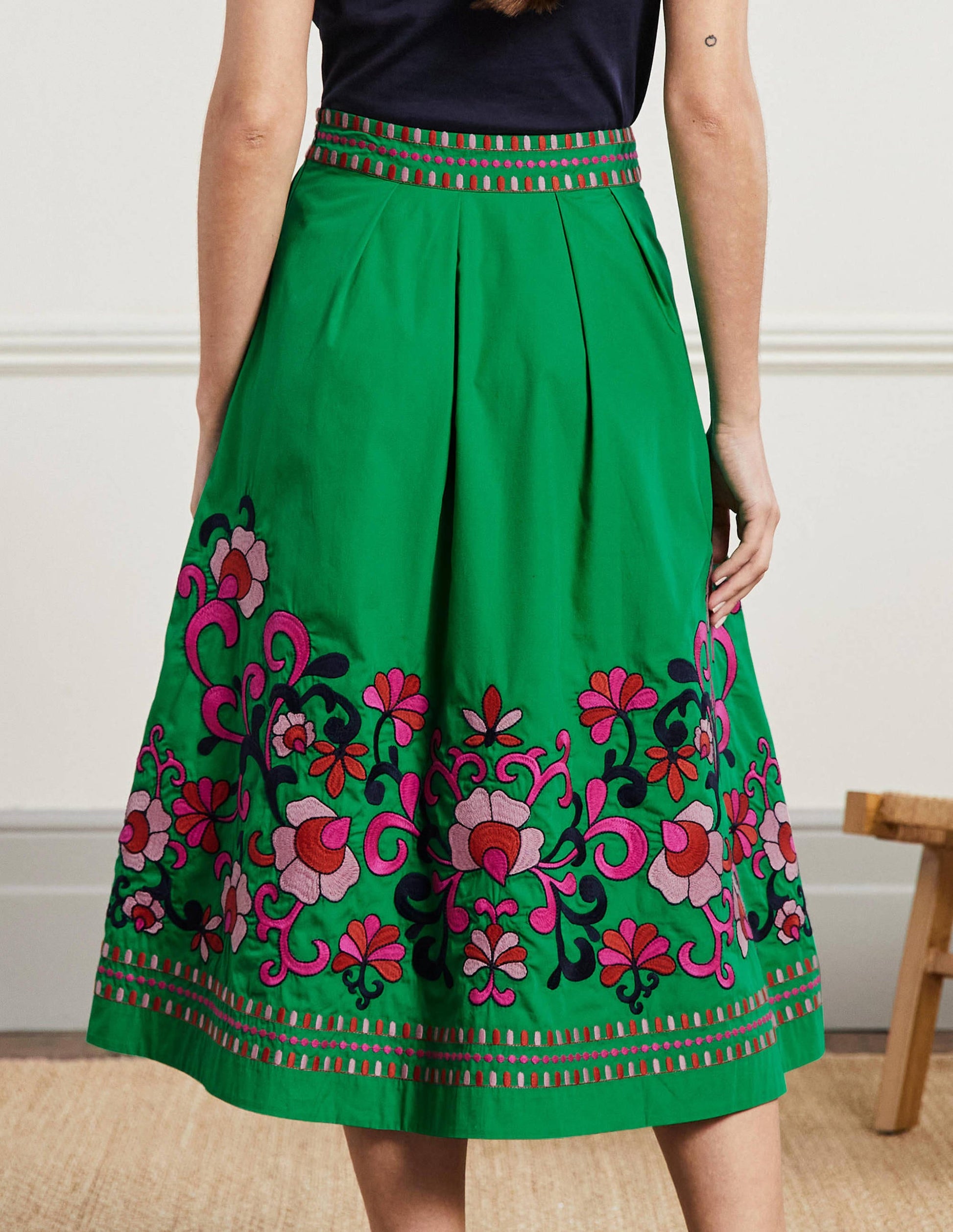 Embroidered Full Cotton Skirt-Rich Emerald, Multi Embroidery-3