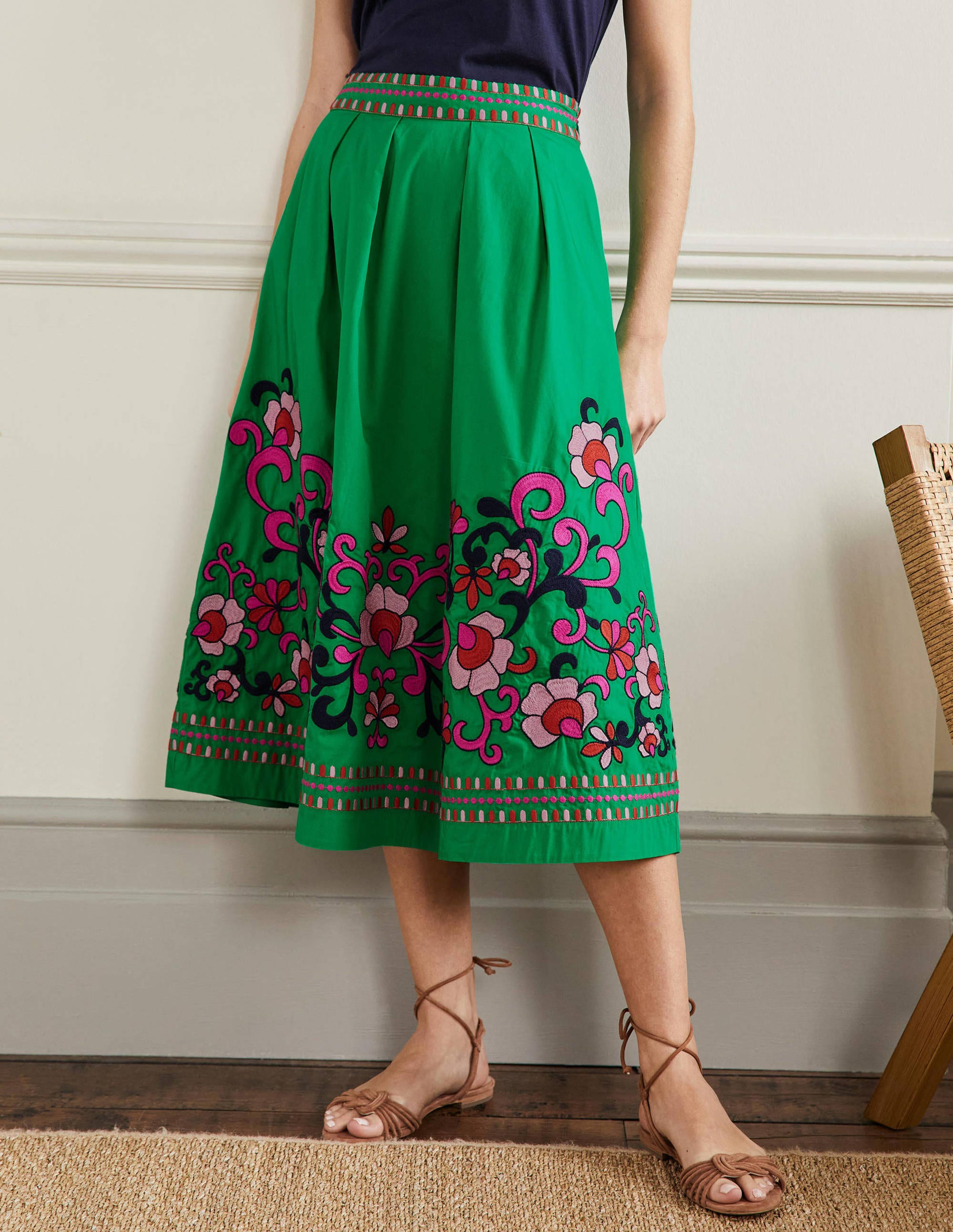 Embroidered Full Cotton Skirt-Rich Emerald, Multi Embroidery - Image 4