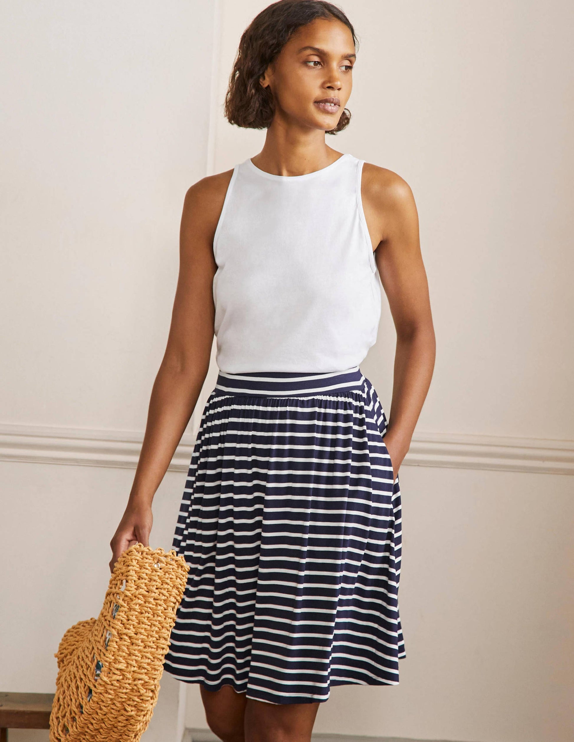 Pull On Jersey Mini Skirt-Navy and Ivory Stripe-1