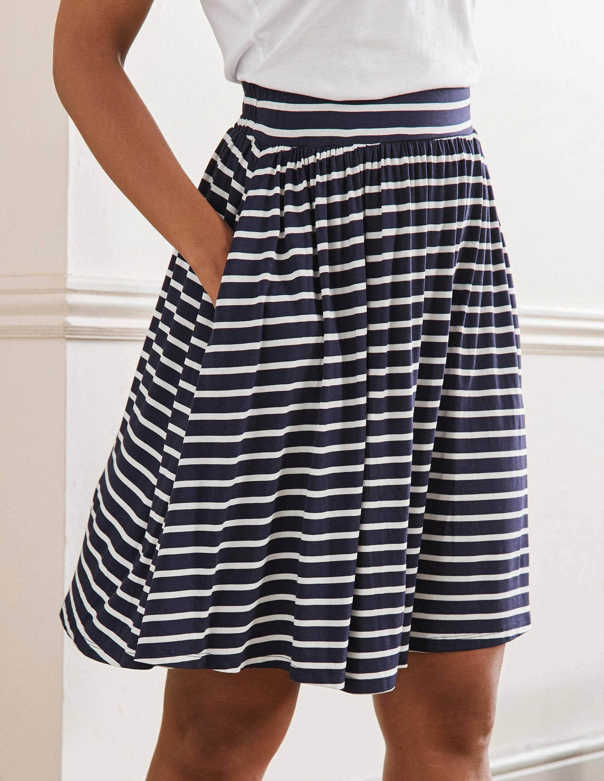 Pull On Jersey Mini Skirt-Navy and Ivory Stripe-4