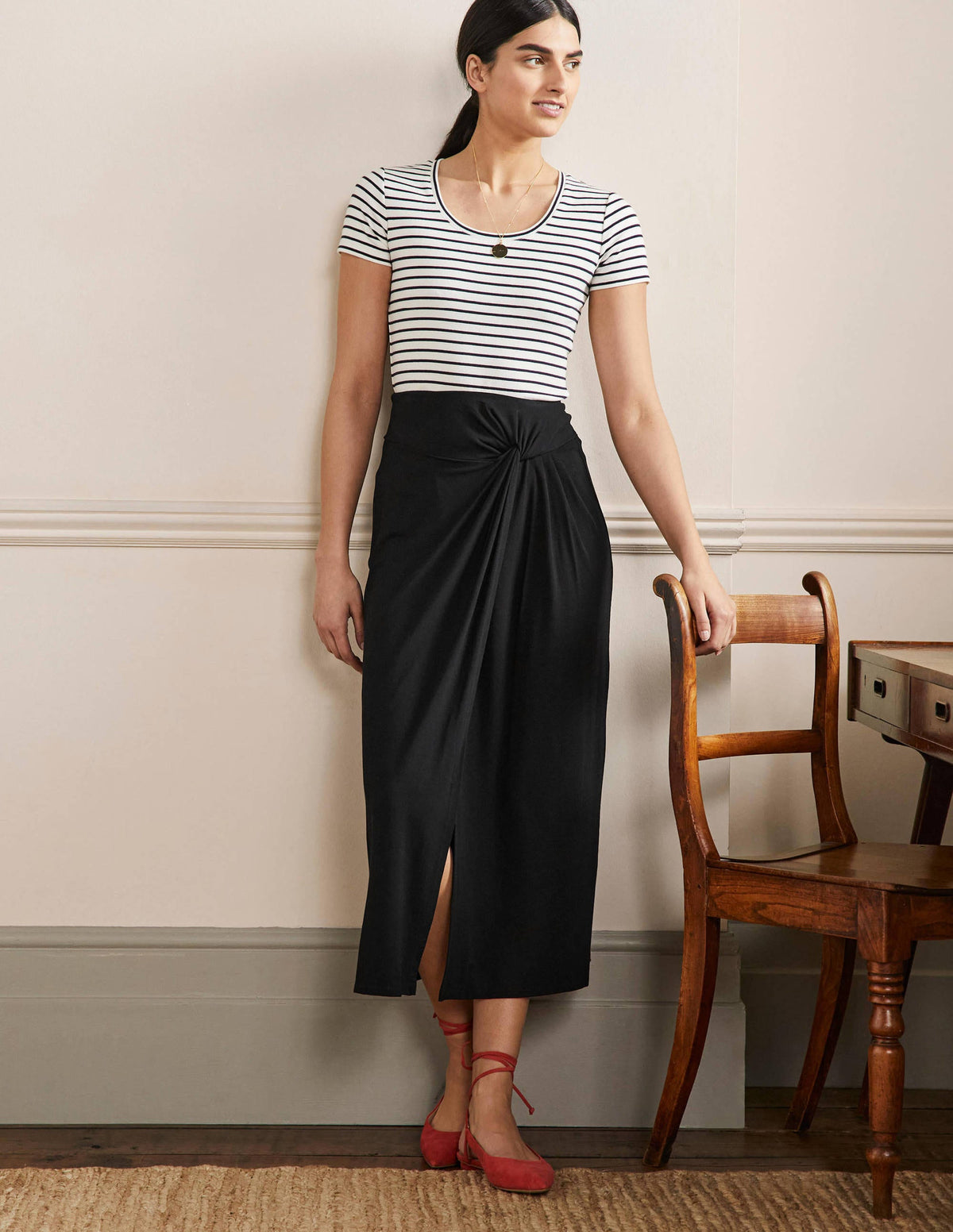 Knot Waist Jersey Midi Skirt-Black-1