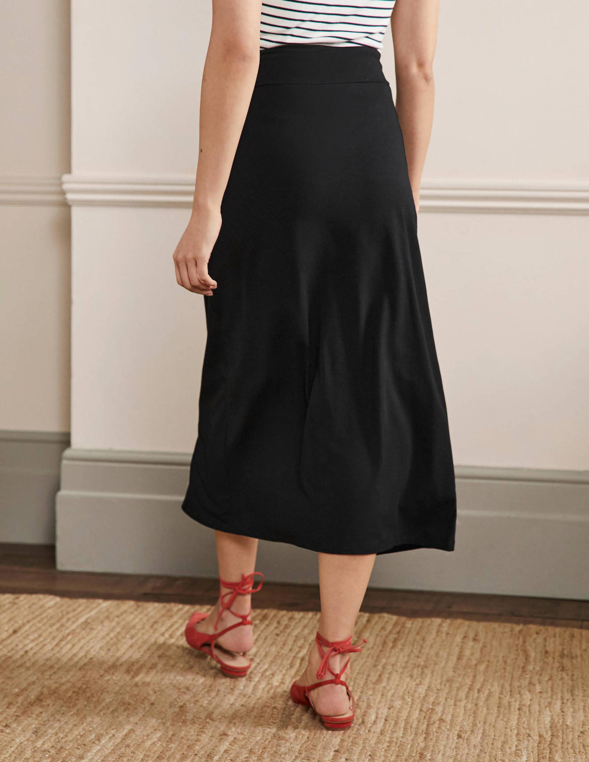 Knot Waist Jersey Midi Skirt-Black-3