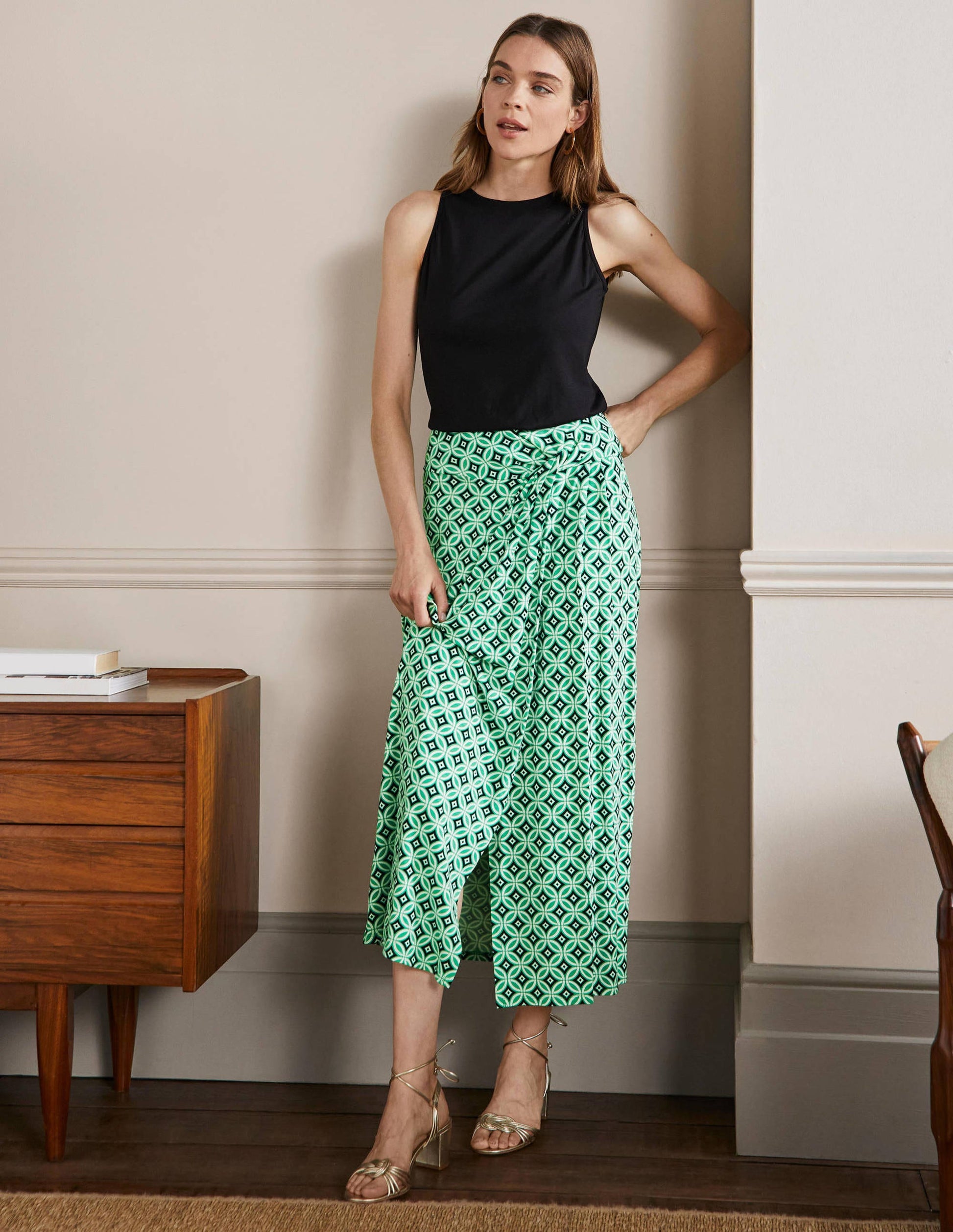 Knot Waist Jersey Midi Skirt-Green Lagoon, Diamond Trance-1