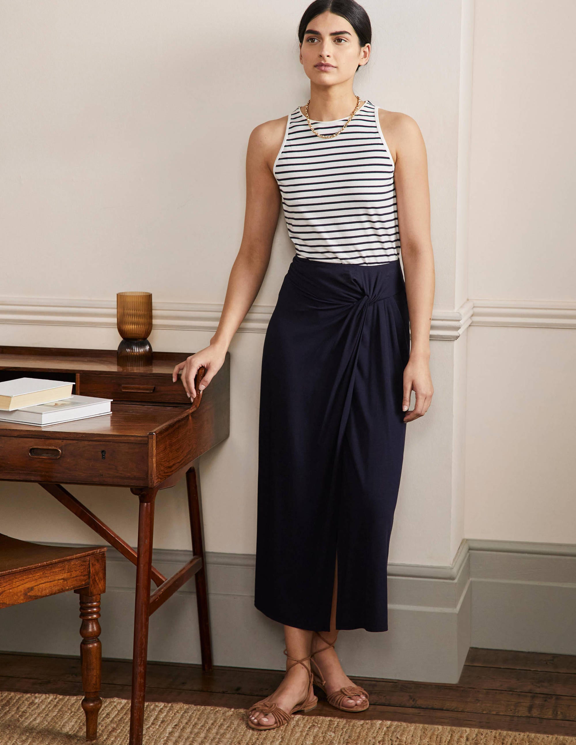 Knot Waist Jersey Midi Skirt-Navy - Image 1