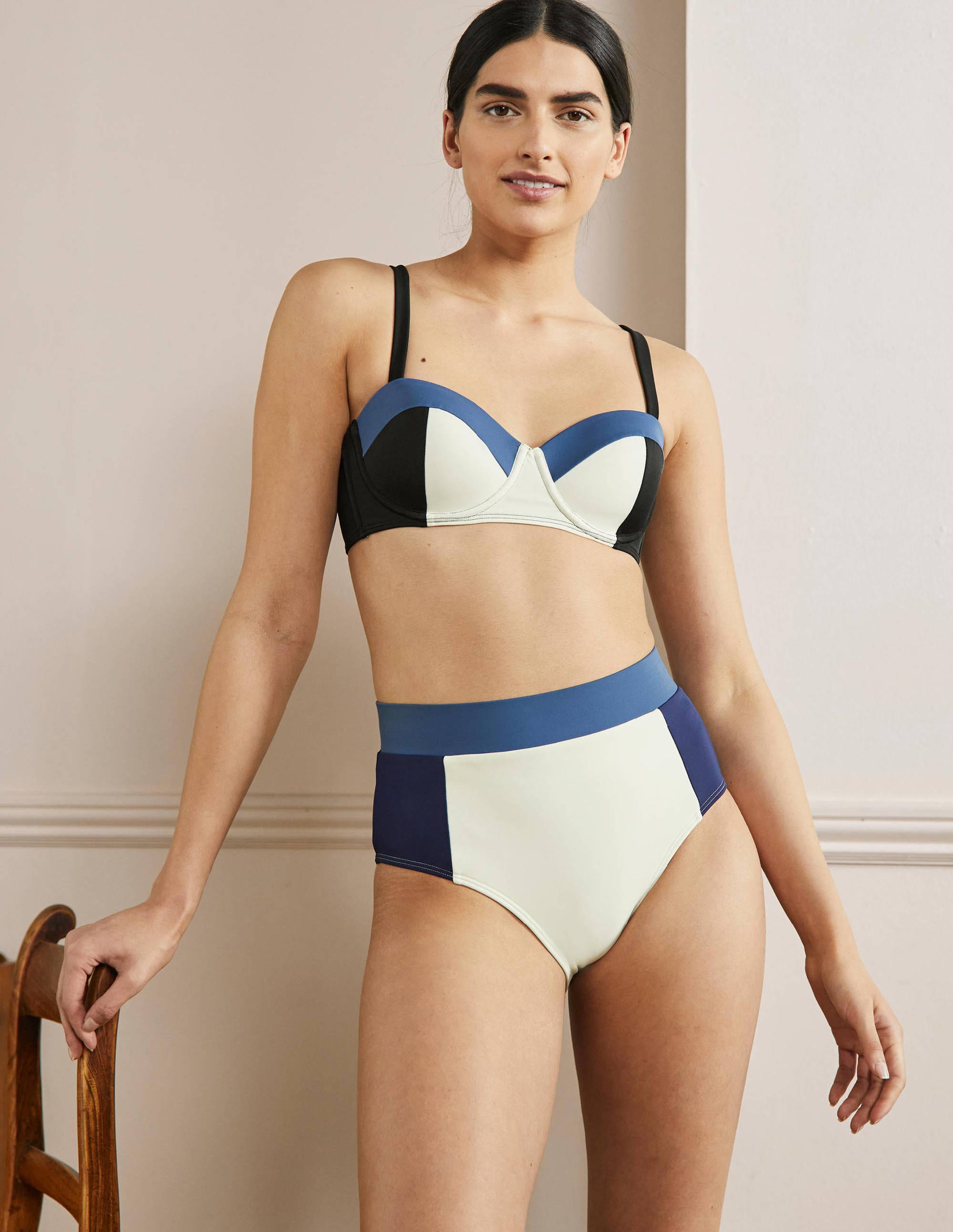 High Waisted Bikini Bottoms-Ivory Colourblock - Image 1