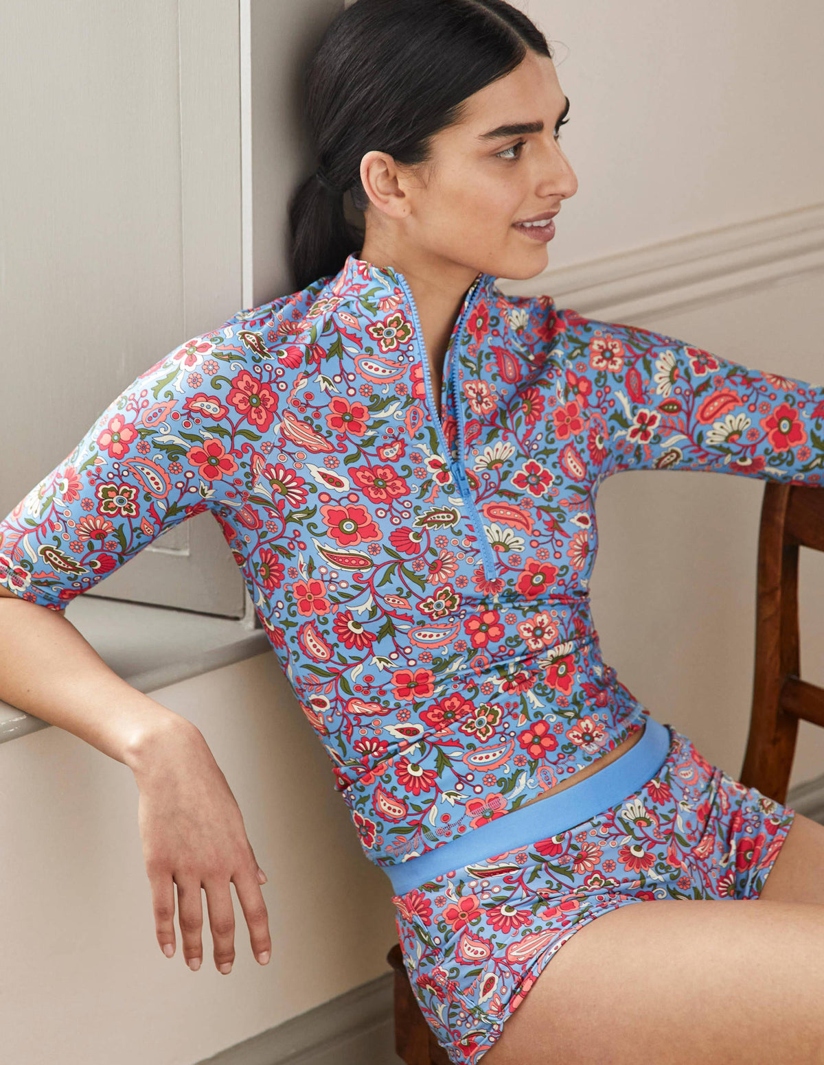 Mid Sleeve Rash Guard-Dusty Blue, Oriental Paradise - Image 1