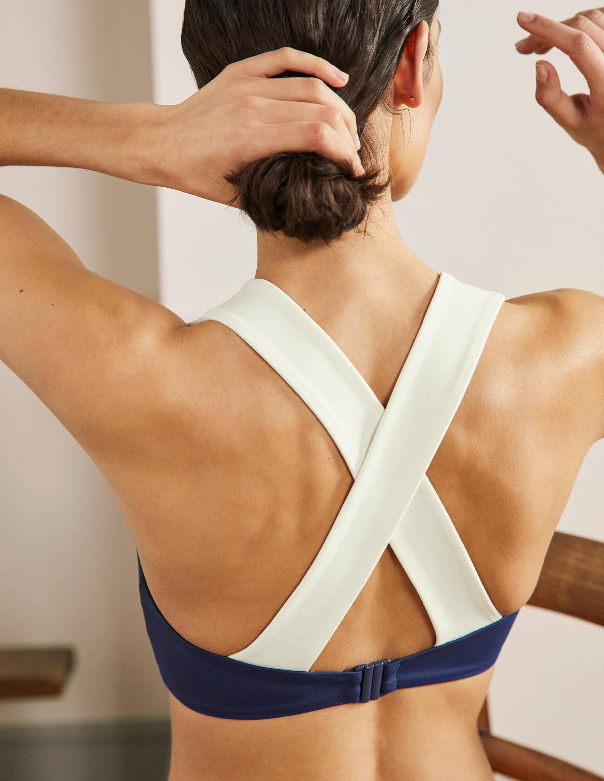 Cross-back Bikini Top-French Navy, Ivory Colourblock - Image 2