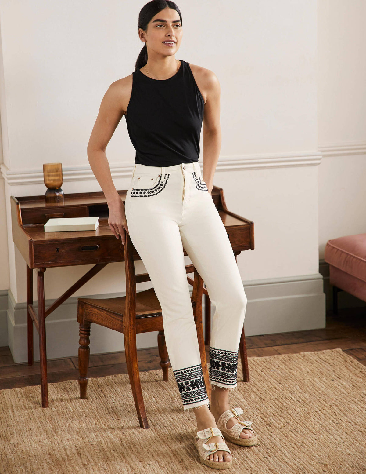 Relaxed Straight Jeans-Ecru/ Black Embroidery - Image 1