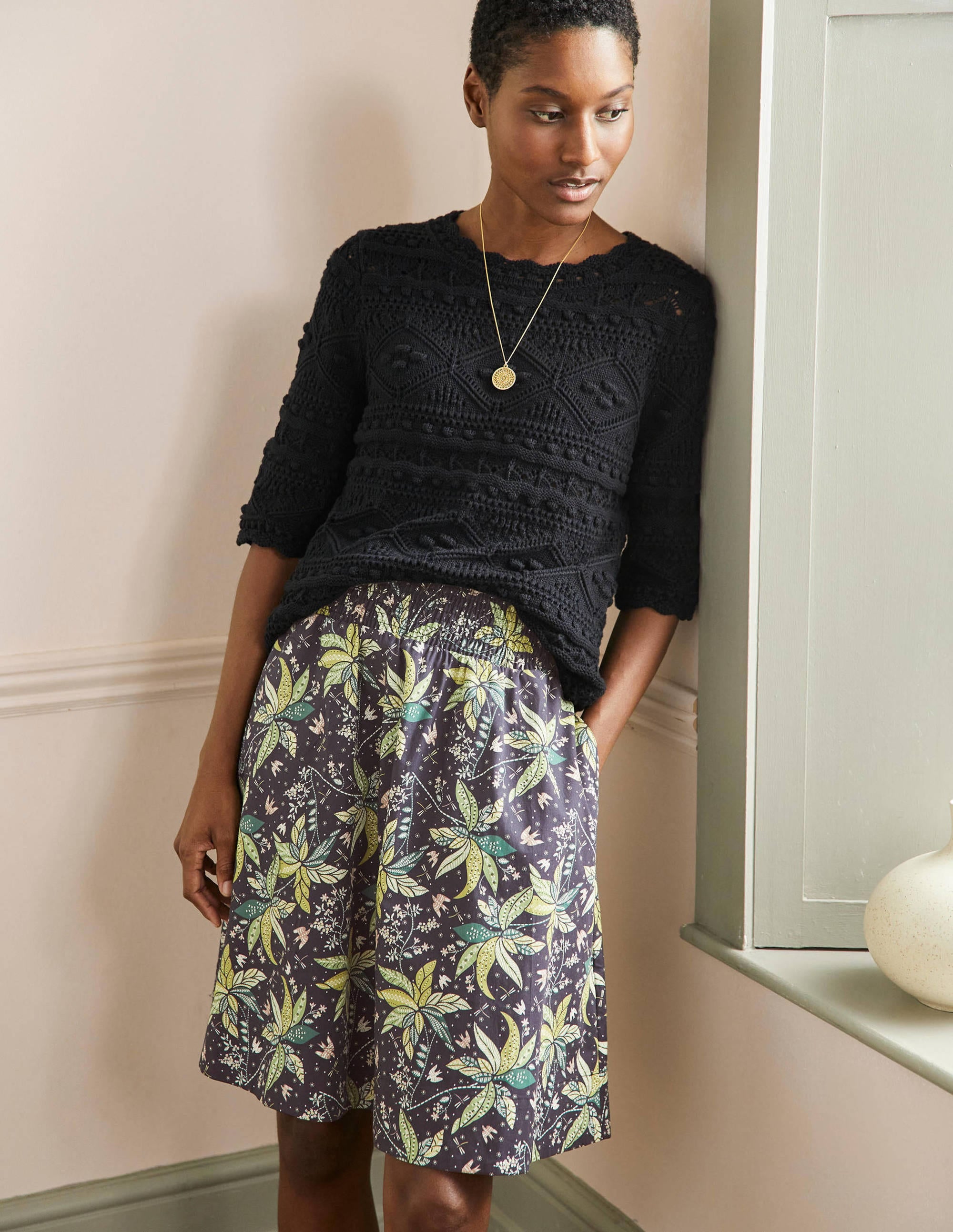 Shirred Waist Cotton Skirt-Black, Oriental Cascade - Image 1
