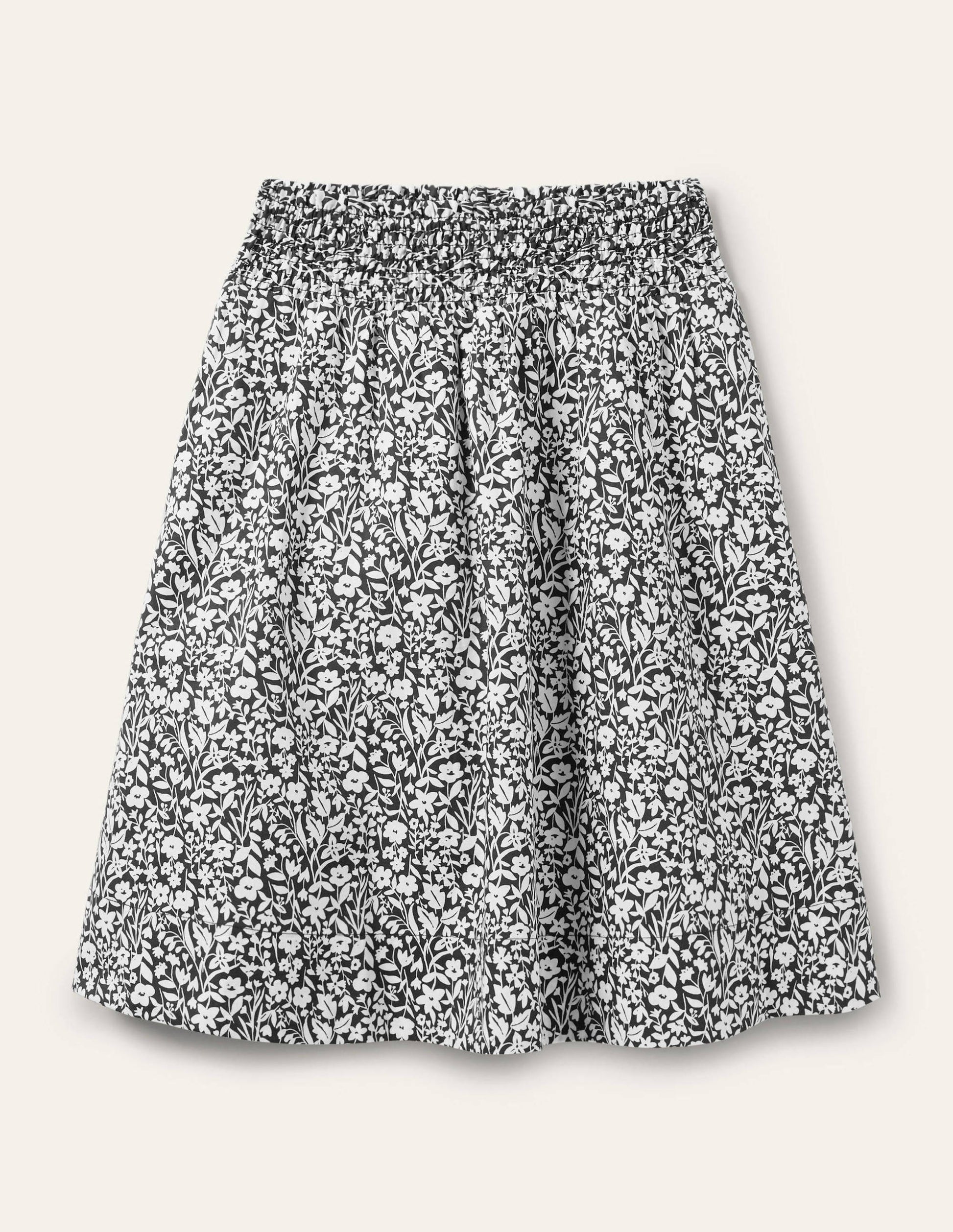 Shirred Waist Cotton Skirt-Black, Wildflower Sprig-5