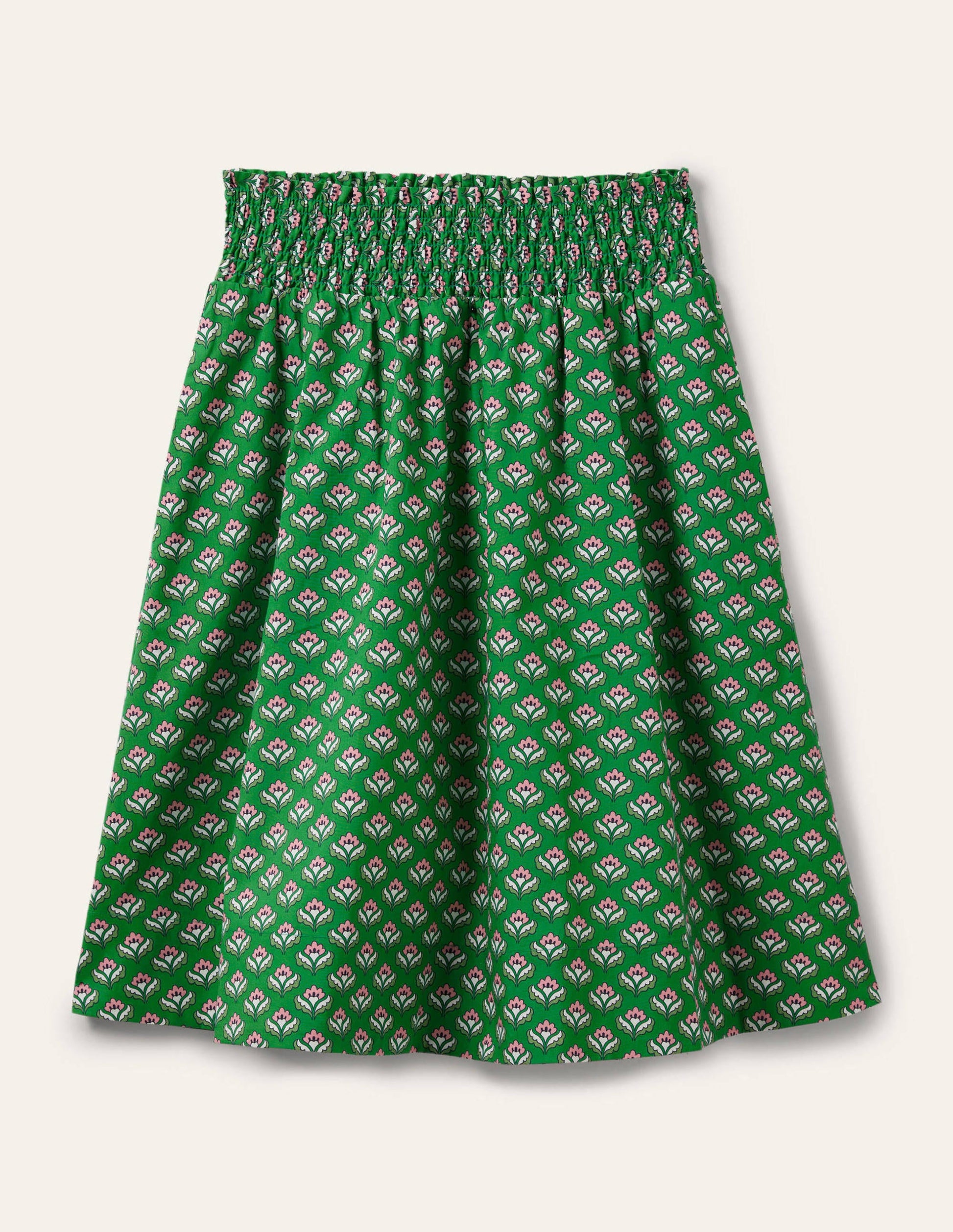 Shirred Waist Cotton Skirt-Green, Oriental Bud-6