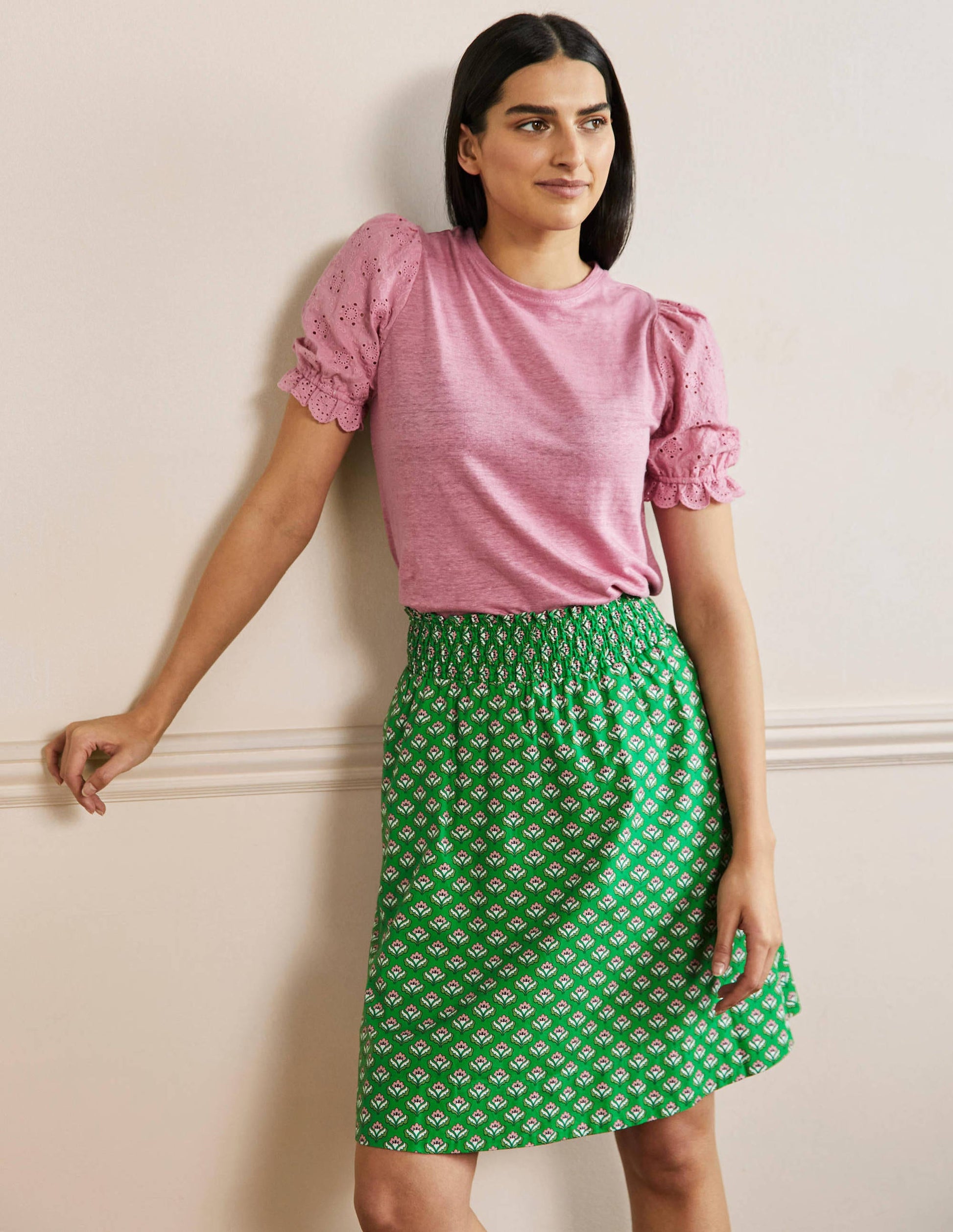 Shirred Waist Cotton Skirt-Green, Oriental Bud-1