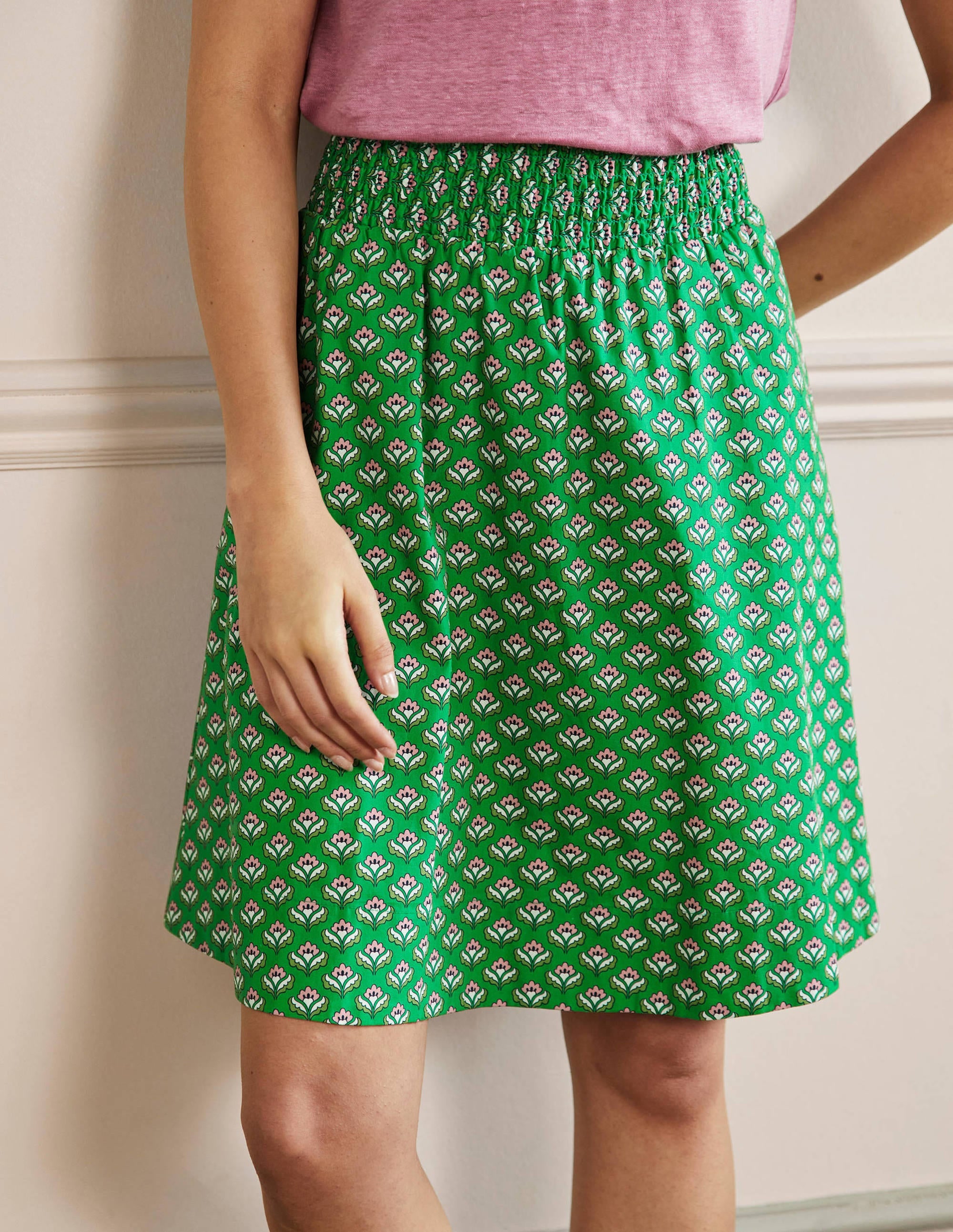 Shirred Waist Cotton Skirt-Green, Oriental Bud - Image 4