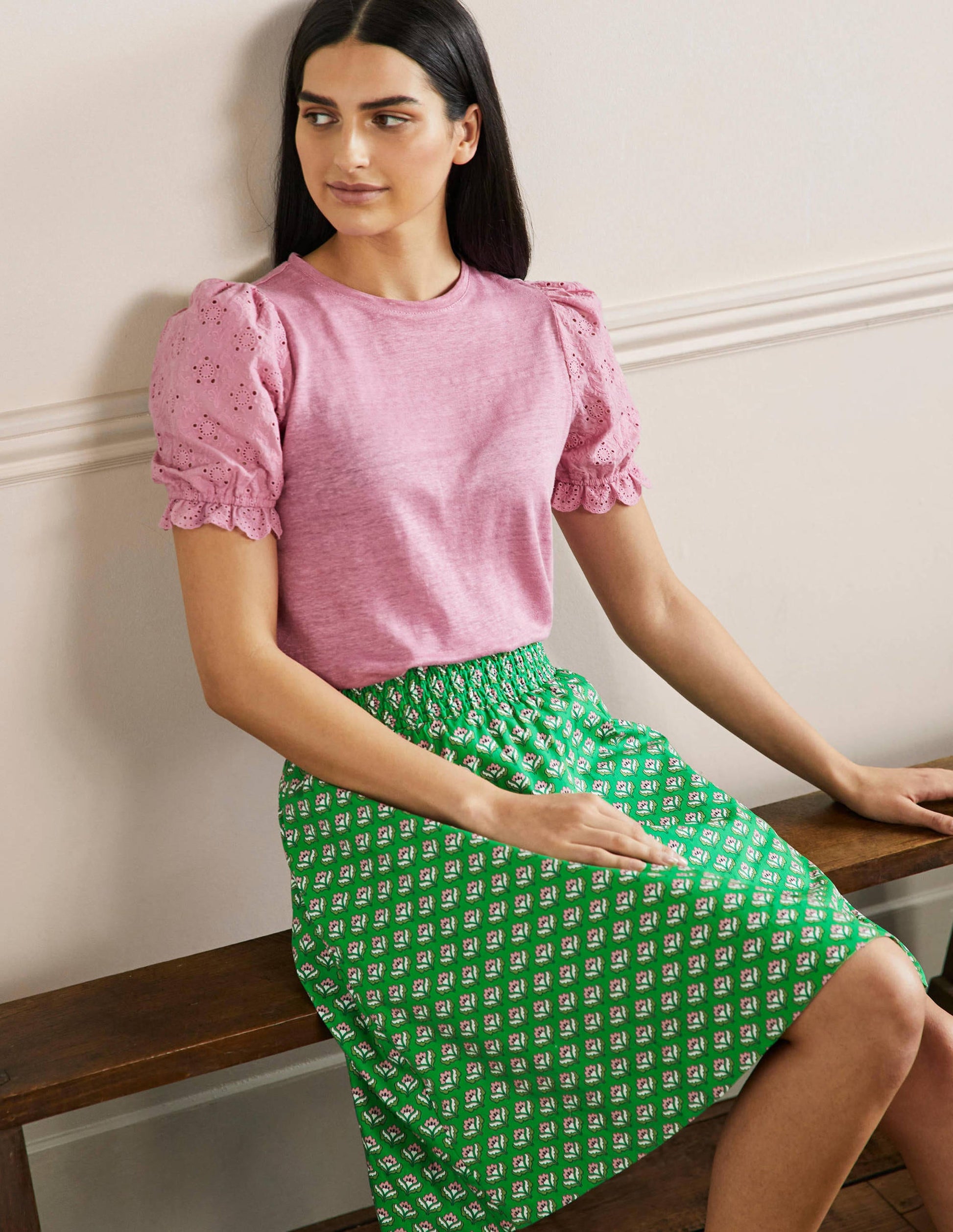 Shirred Waist Cotton Skirt-Green, Oriental Bud-5
