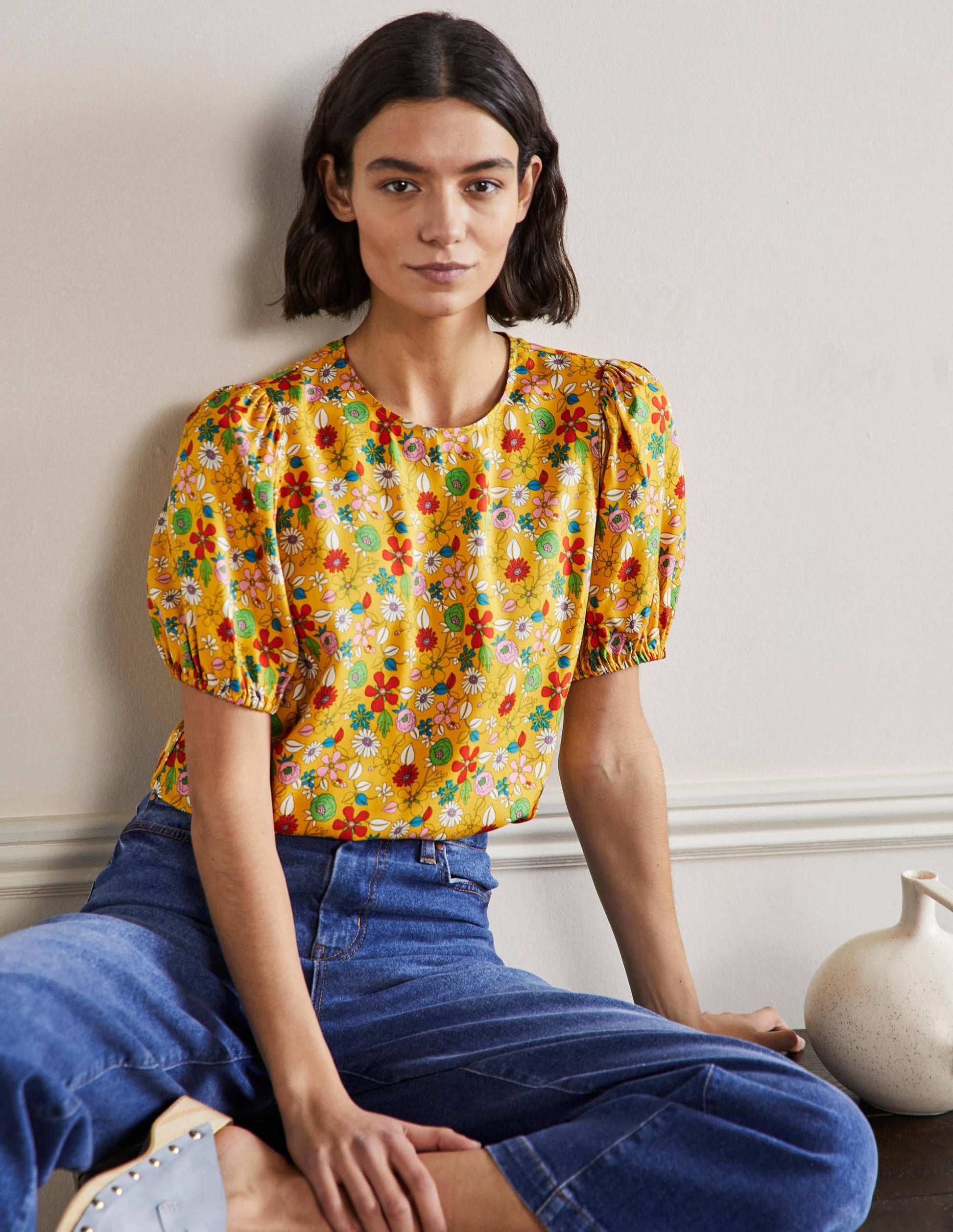 Adriana Puff Sleeve Top-Honeycomb, Ditsy Bloom-1