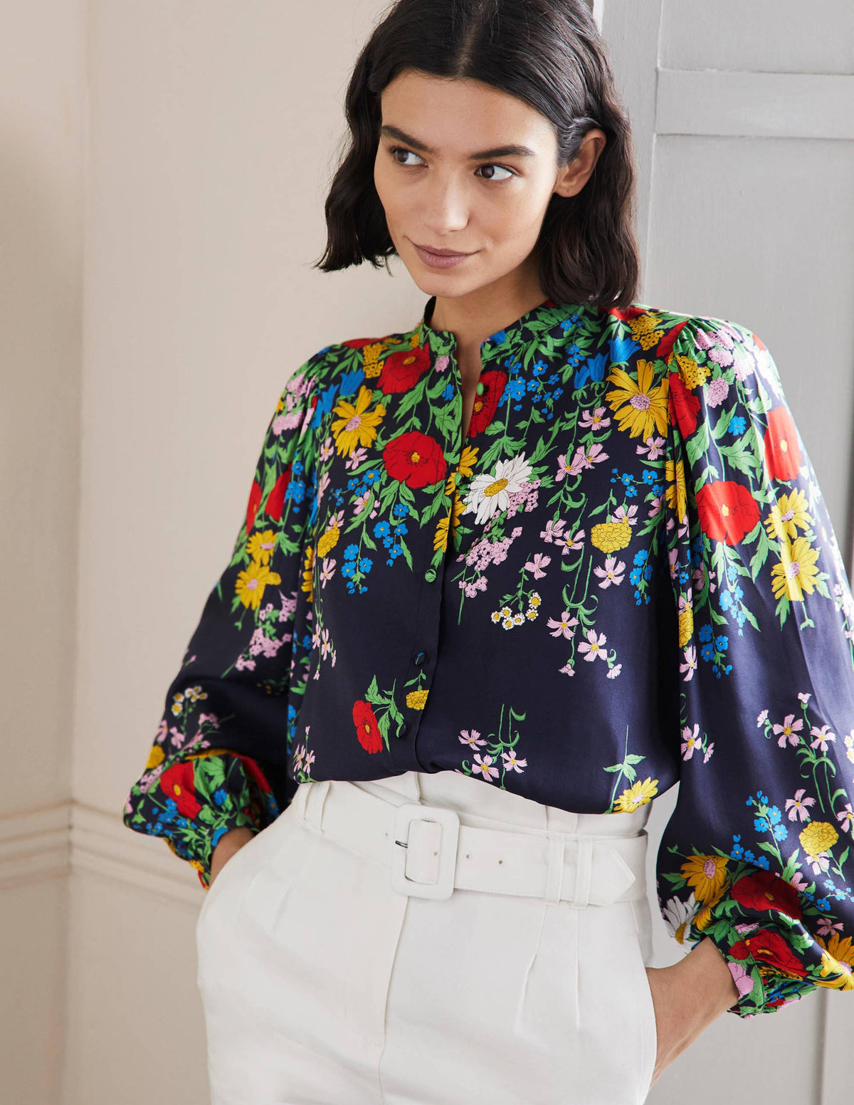 Blouson Sleeve Blouse-Navy, Botanical Terrace - Image 1