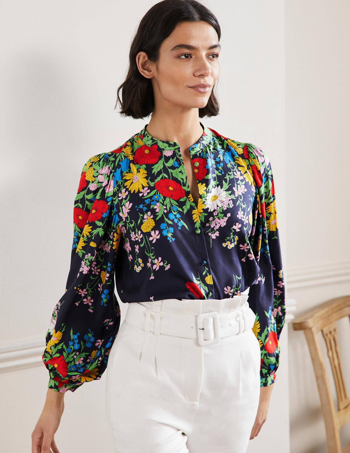 Blouson Sleeve Blouse-Navy, Botanical Terrace - Image 4
