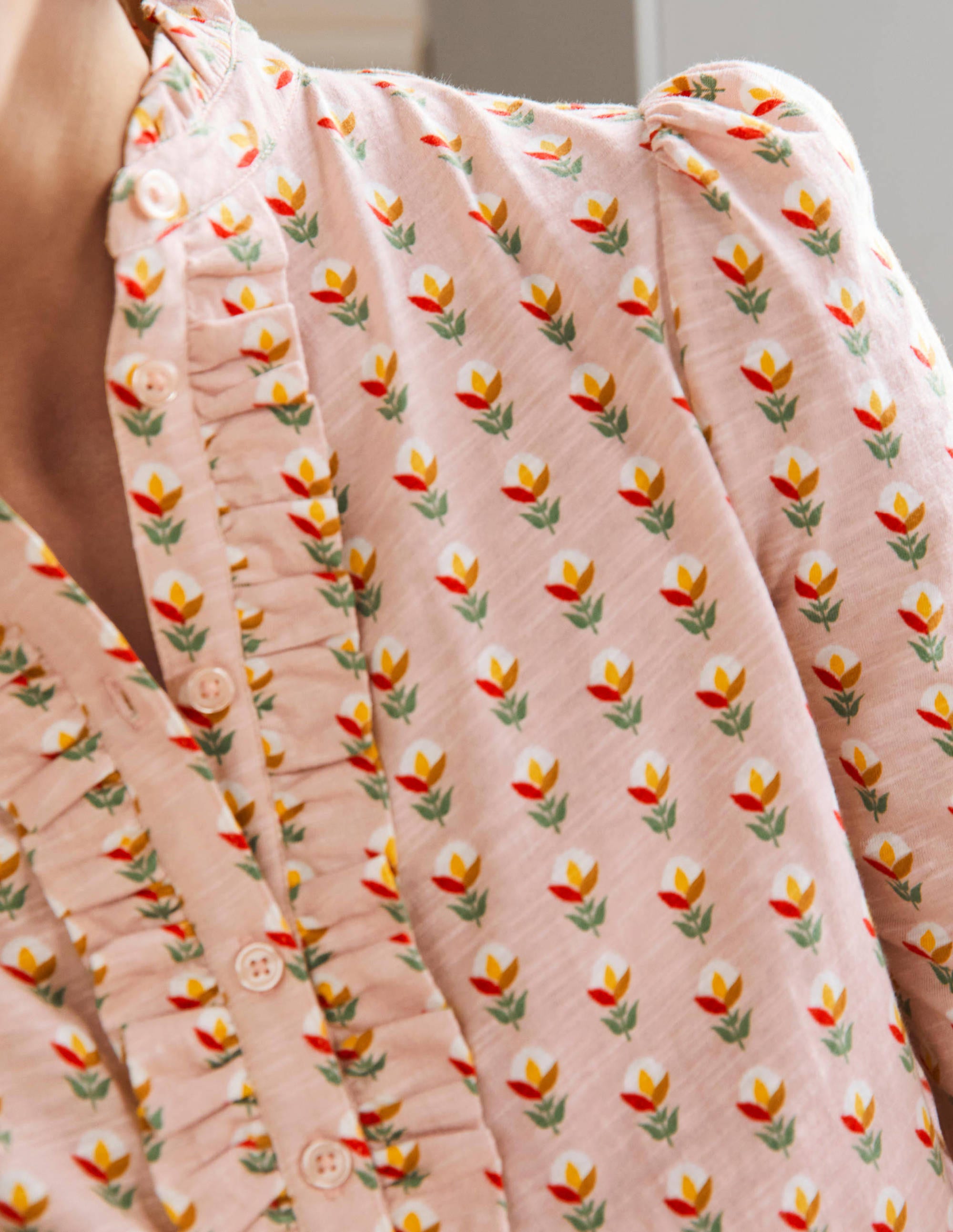 Ruffle Front Jersey Top-Milkshake, Garden Geo - Image 2