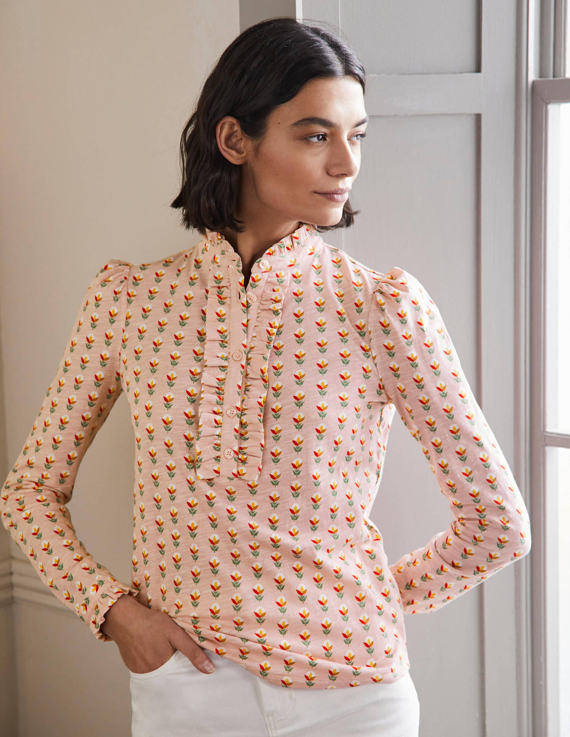 Ruffle Front Jersey Top-Milkshake, Garden Geo - Image 4