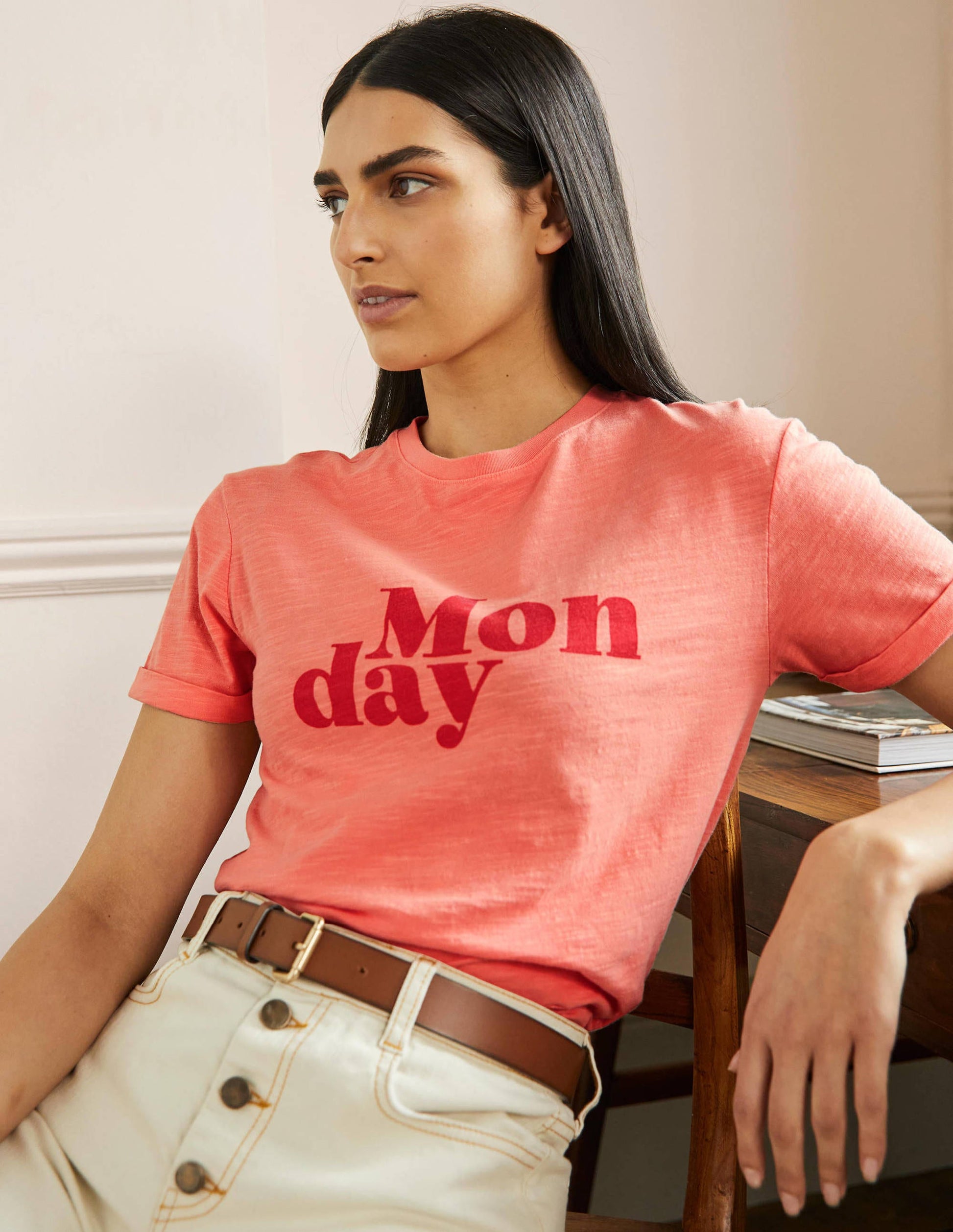 Turn Up Cuff Cotton T-shirt-Burnt Coral, Monday-1