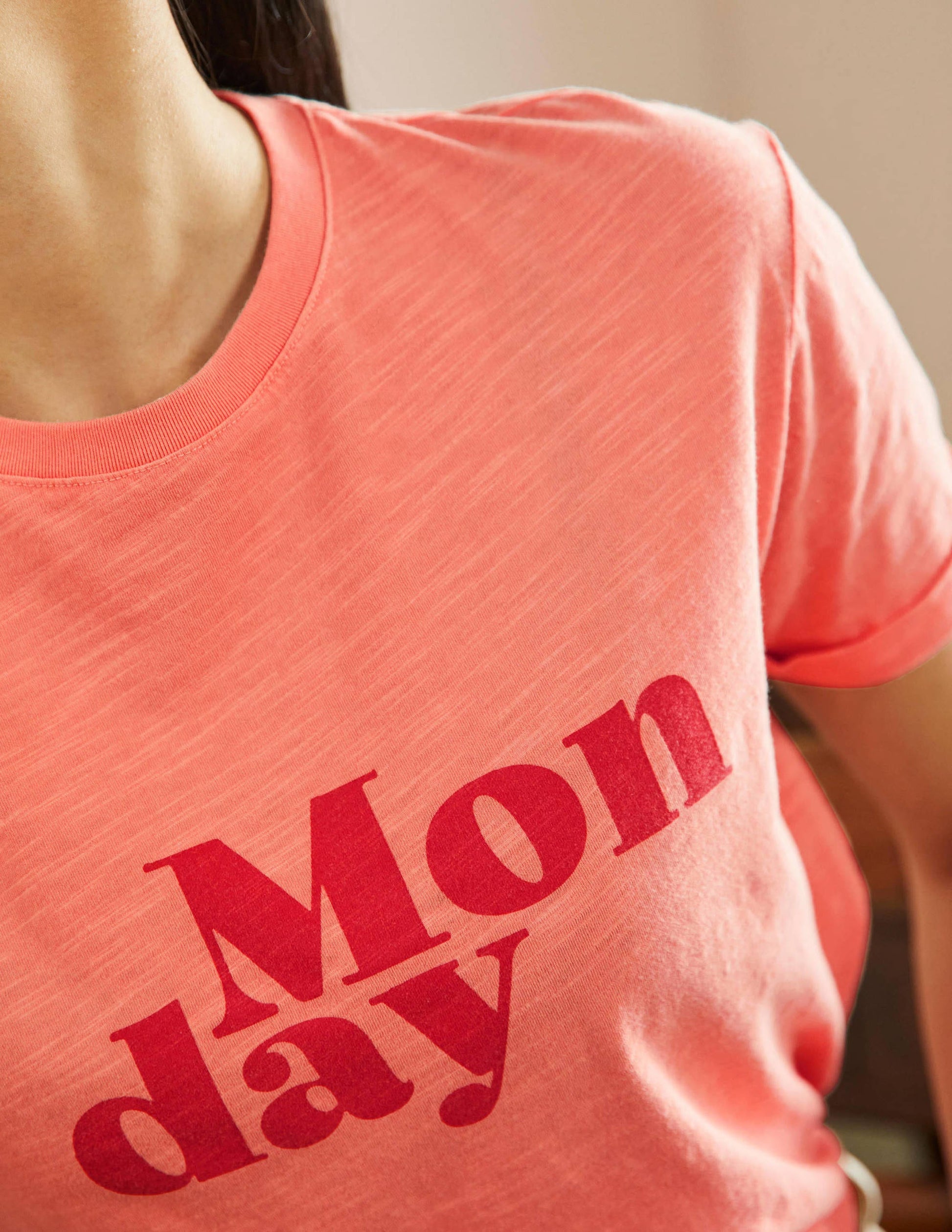 Turn Up Cuff Cotton T-shirt-Burnt Coral, Monday-2