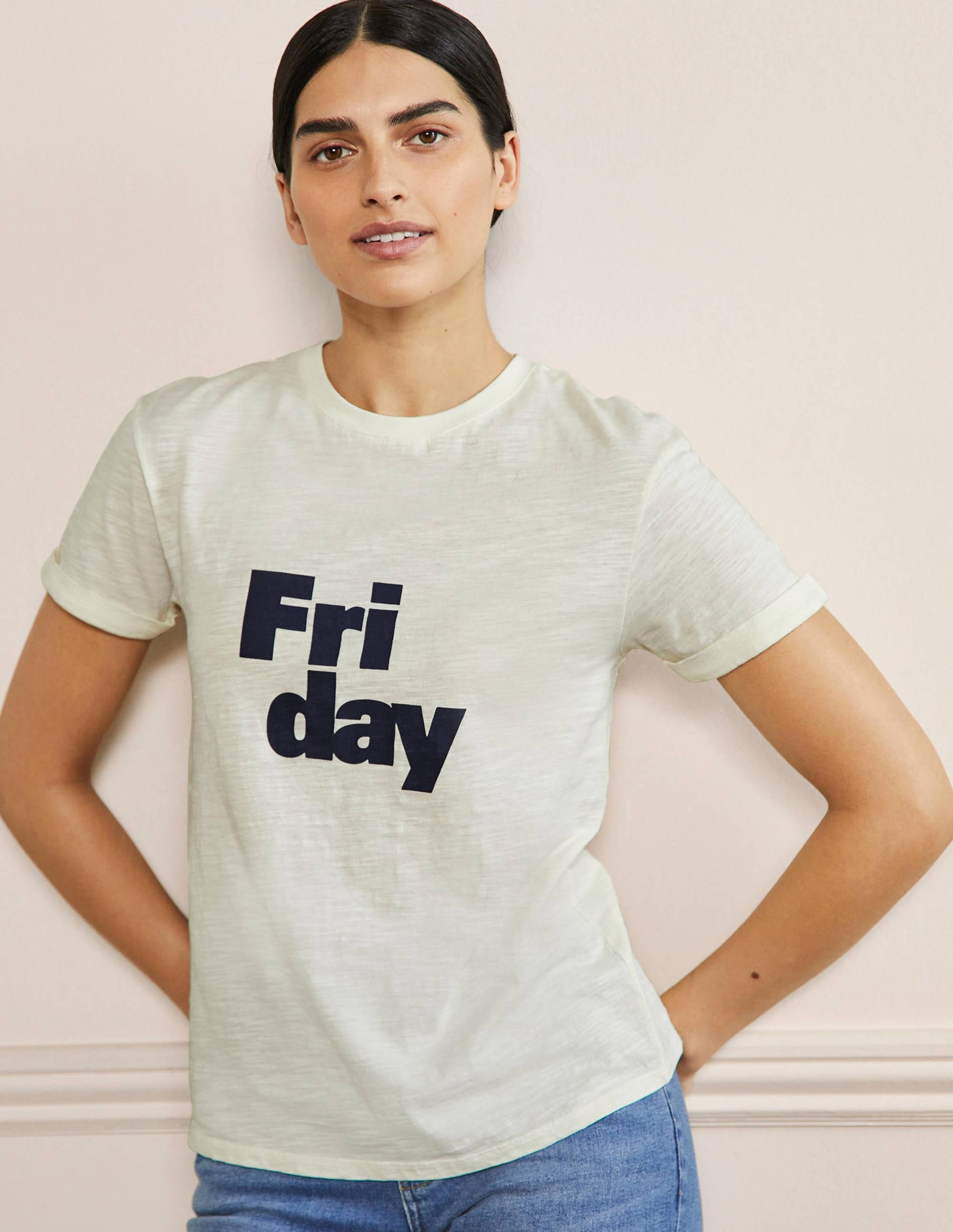 Turn Up Cuff Cotton T-shirt-Ivory, Friday-1