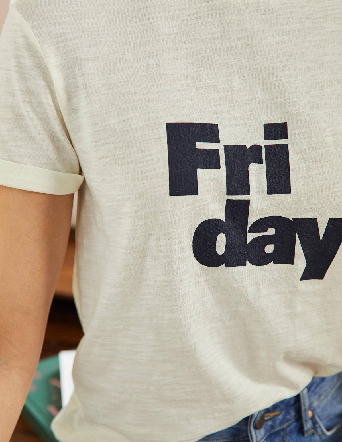 Turn Up Cuff Cotton T-shirt-Ivory, Friday - Image 2
