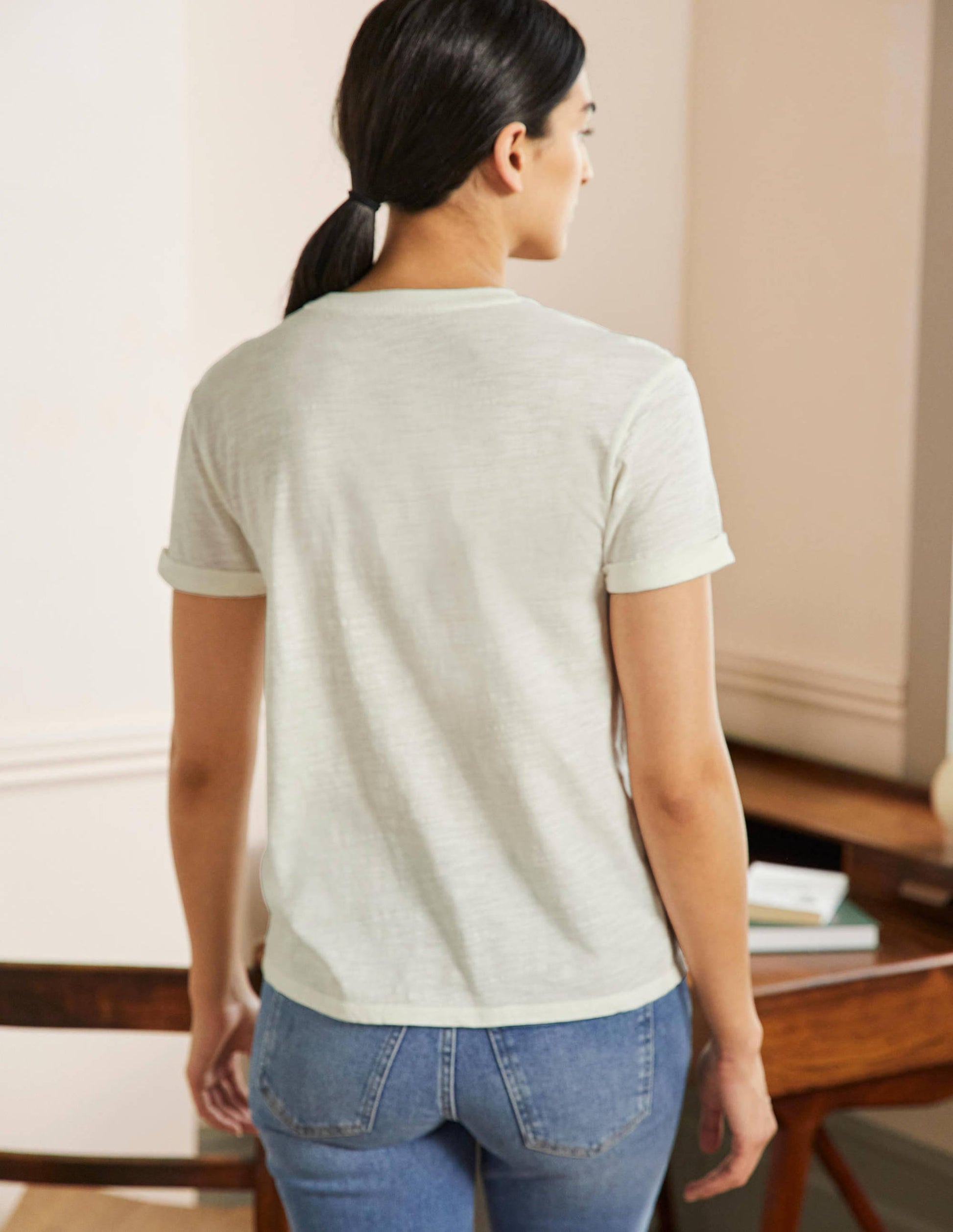 Turn Up Cuff Cotton T-shirt-Ivory, Friday-3