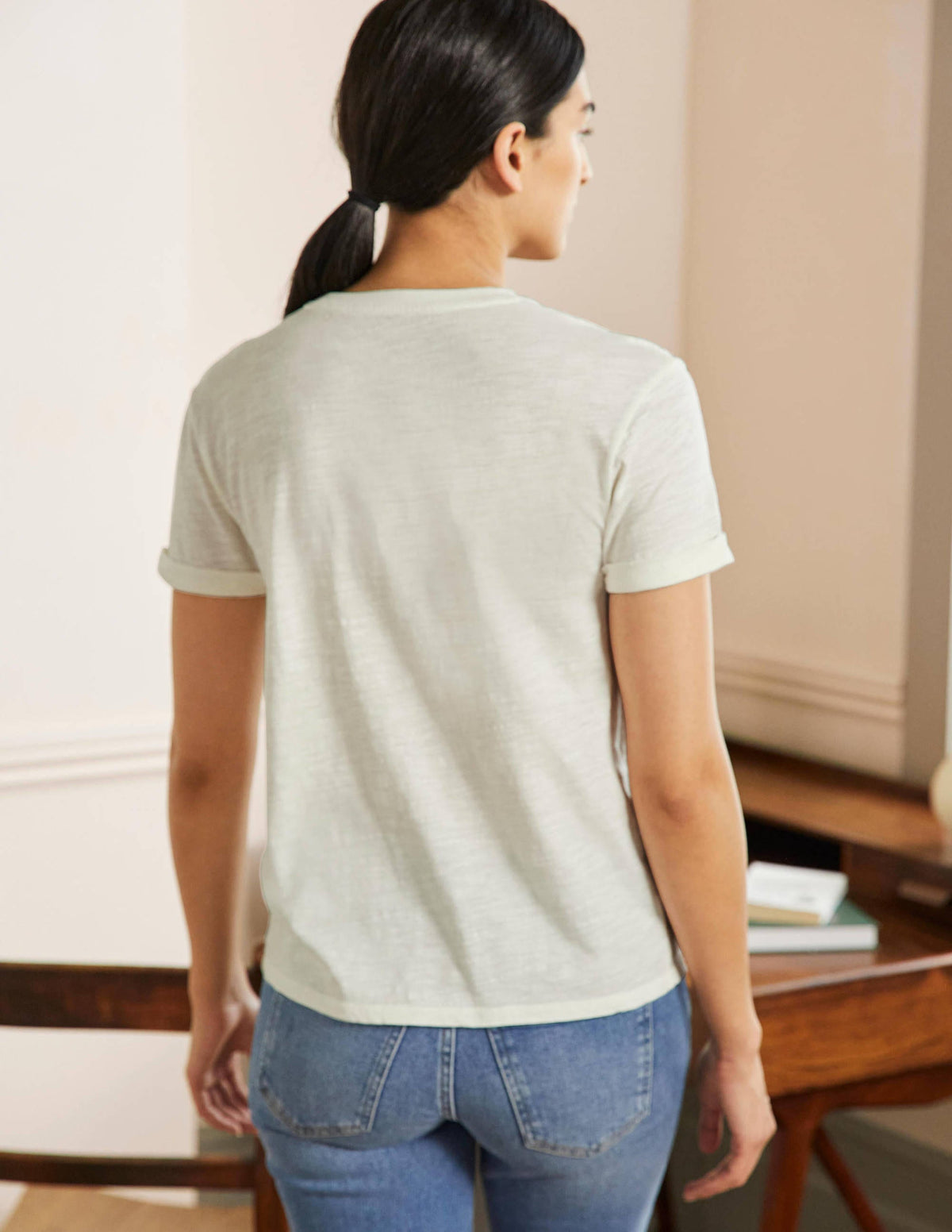 Turn Up Cuff Cotton T-shirt-Ivory, Friday - Image 3