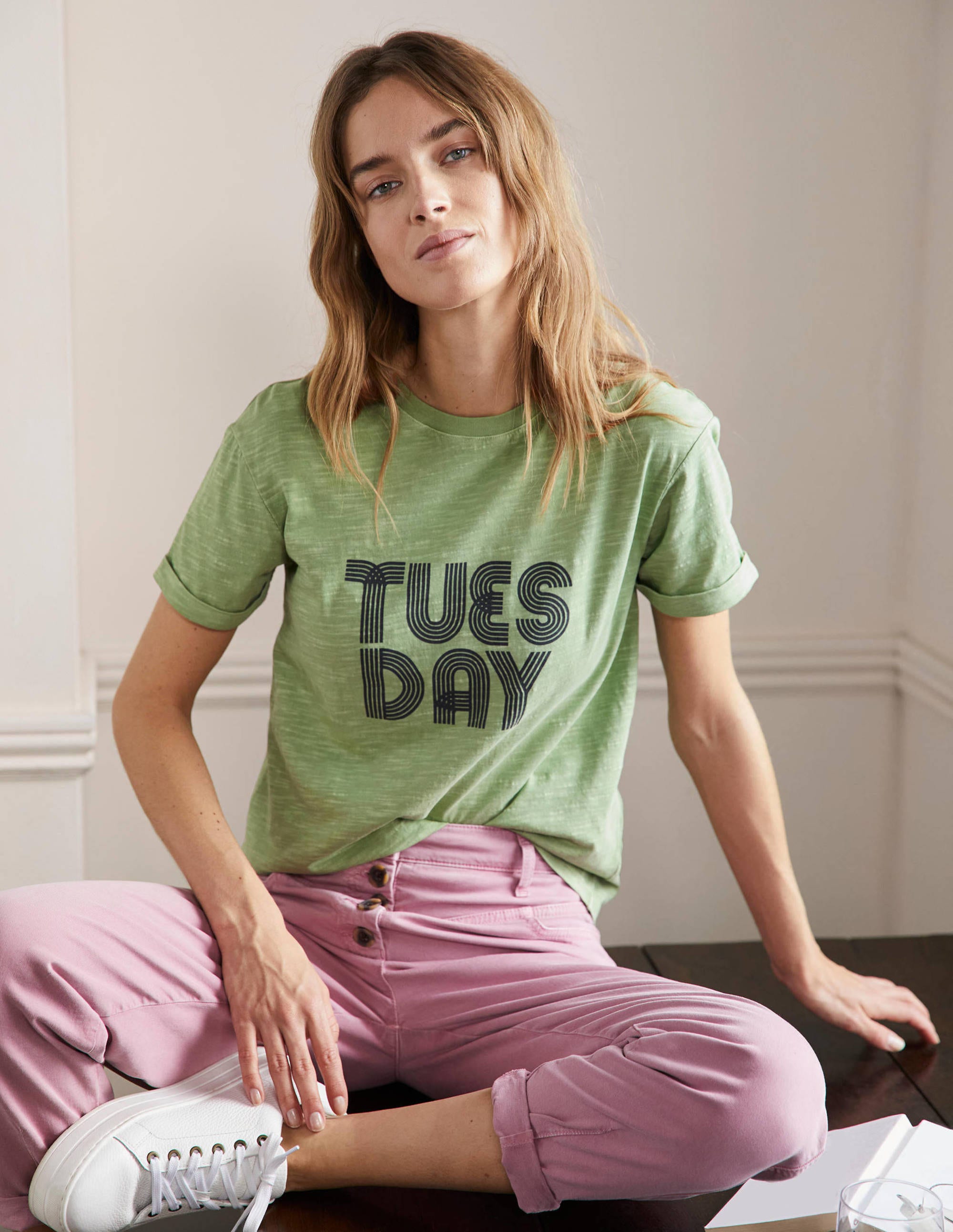 Turn Up Cuff Cotton T-shirt-Basil, Tuesday - Image 1
